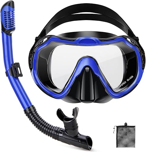 Miniatura 8 de Equipo de esnórquel para adultos, juego de esnórquel seco, lente panorámica de vidrio templado antifugas y antivaho. Equipo de esnórquel ajustable