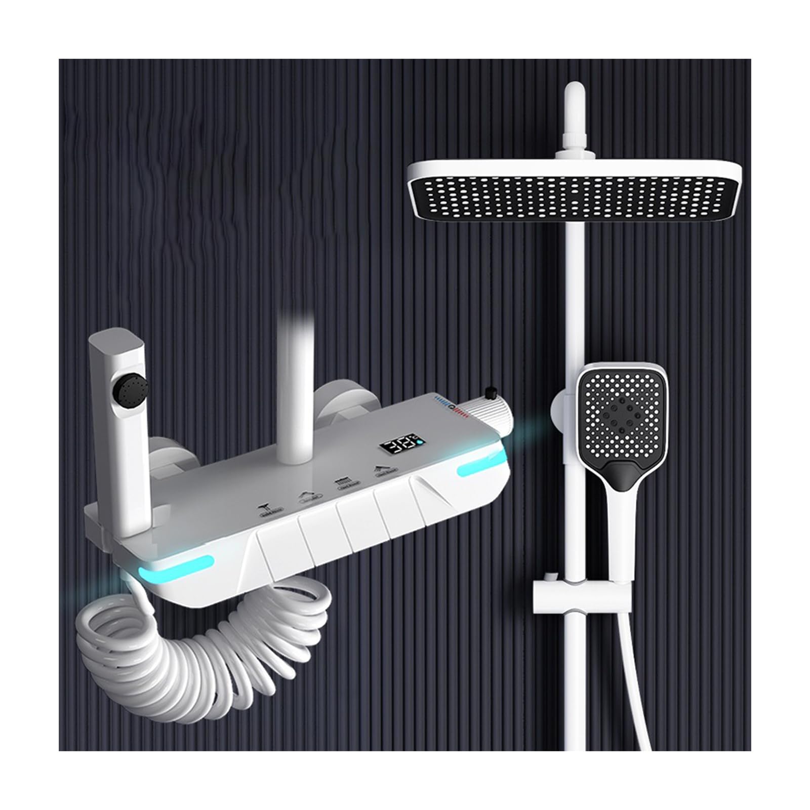 Set Doccia con Rubinetto termostatico e Display Digitale, Accessori a Vista con soffione, doccetta a 3 funzioni, beccuccio per Vasca, doccetta per Bidet, Bianco (Bianco A)