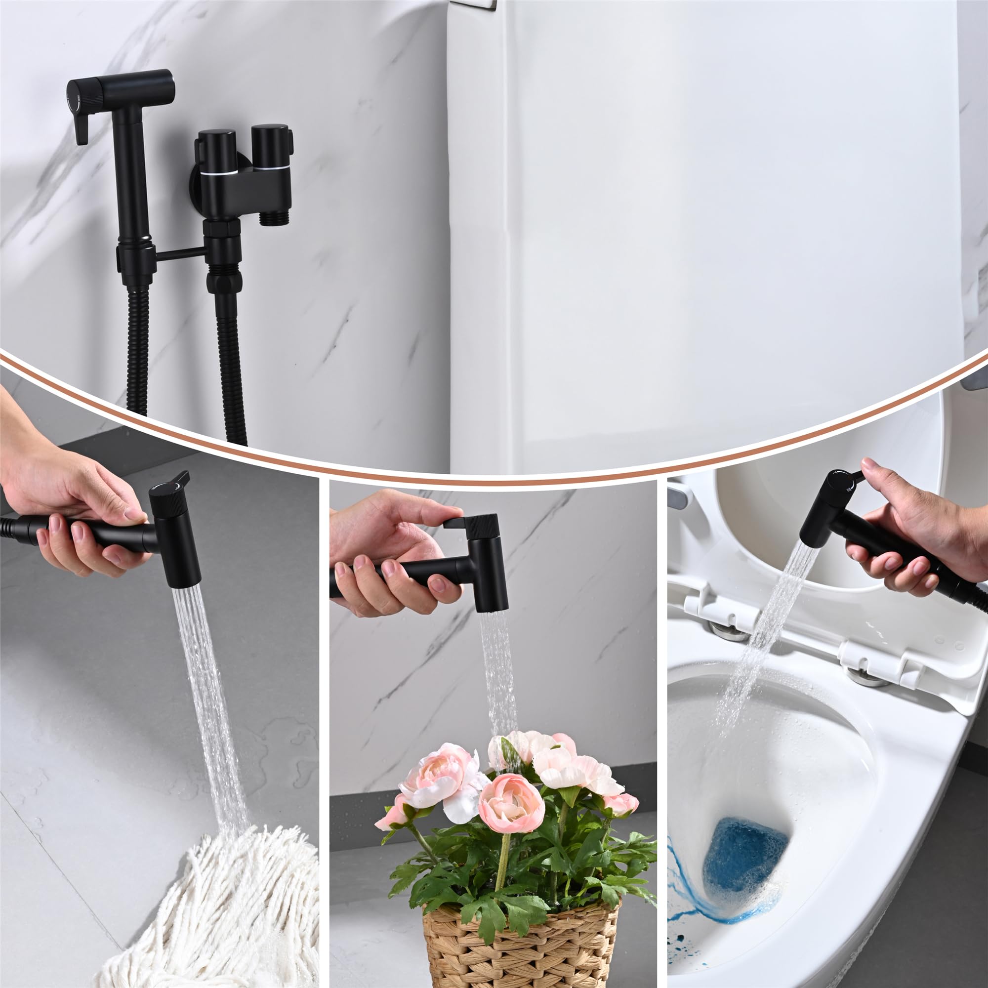 Kit Douchette WC Noir, Laiton Douchette Toilette Un Entré et Deux Sortis Douchette WC Kit Complet avec Pulvérisateur de Bidet à 2 Fonctions, 1.2m Tuyau de Douche, Douchette Hygiénique pour WC