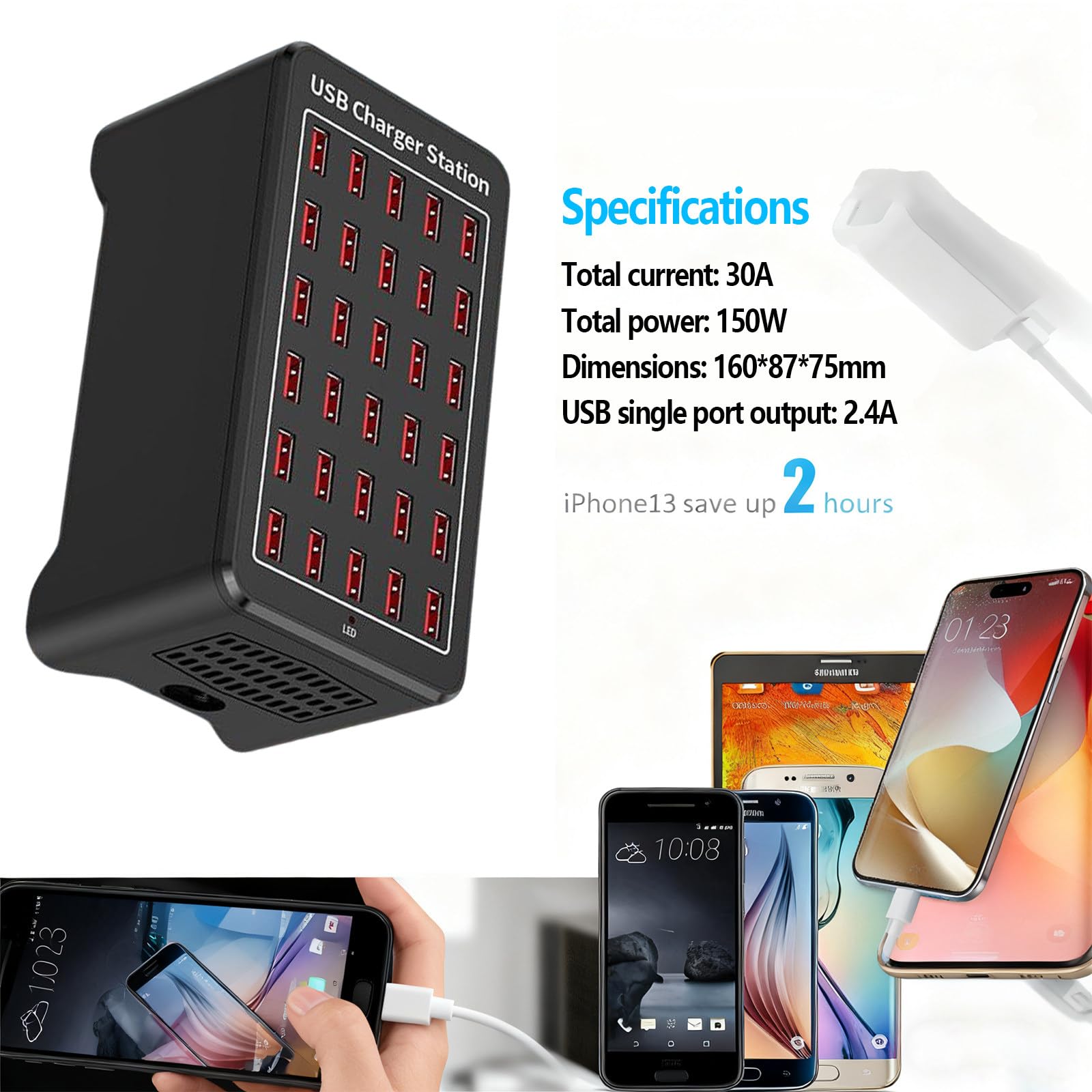 Stacja ładująca dla wielu urządzeń. Szybkie ładowanie 2,5 godziny. Inteligentne chłodzenie. Łatwe przenoszenie. Ładowanie kompatybilne ze wszystkimi USB 30-Port-150W