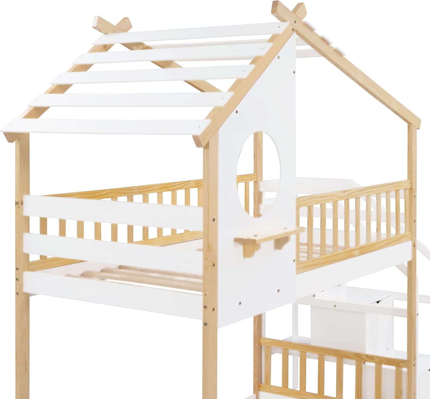SOFTSEA Twin Size House Bunk Bed for Kids, Floor Bunk Bed with Round Windows, Wood Bunk Bed with Storage Staircase and Guardrails, Twin Over Twin House Shaped Bunk Bed for Kids, Natural and White