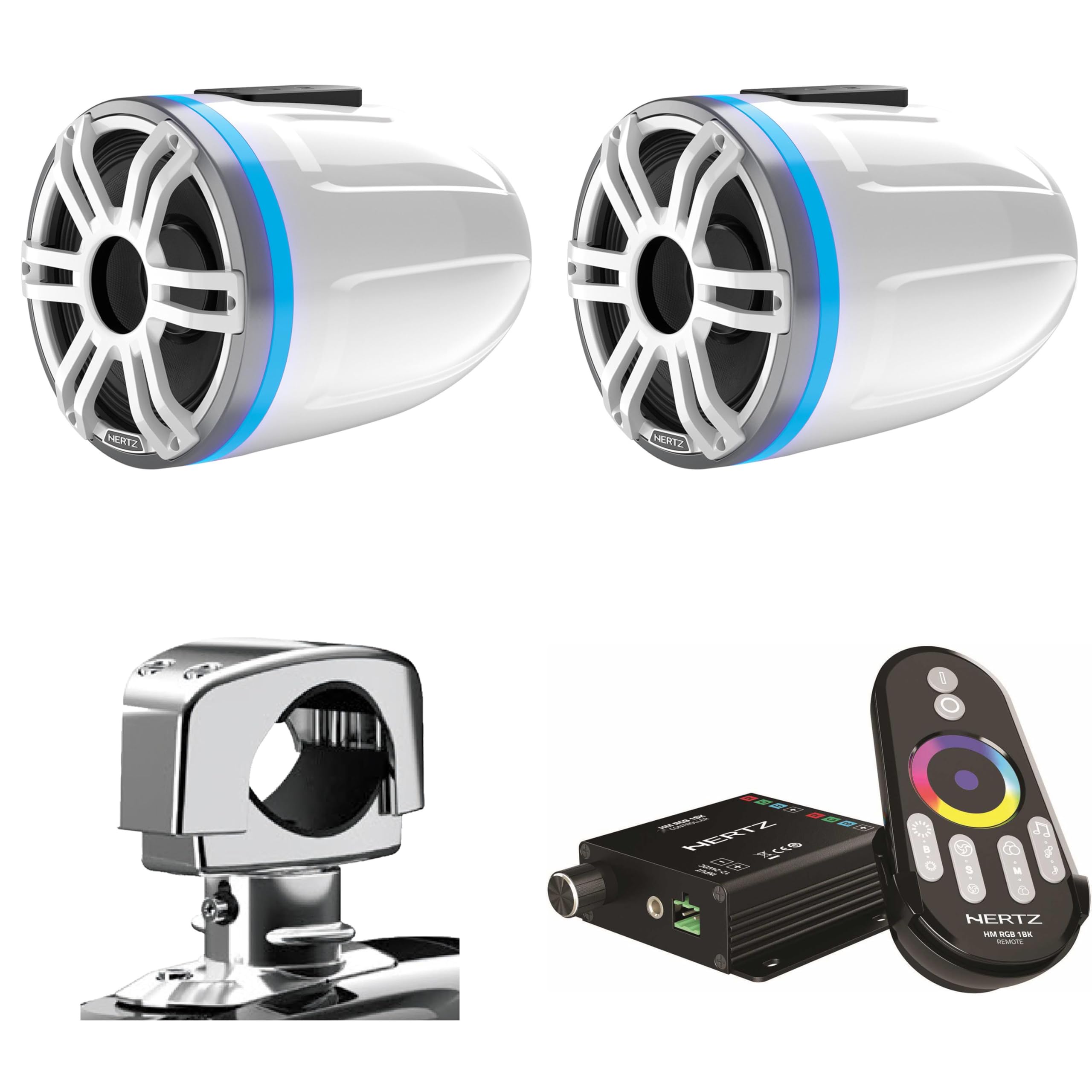 Hertz HTX 8H S-FL-SW Marine Tower Horn 8'' with White/Silver Sports Grille and HTX Clamp 1 Optional Clamp and LED Controller