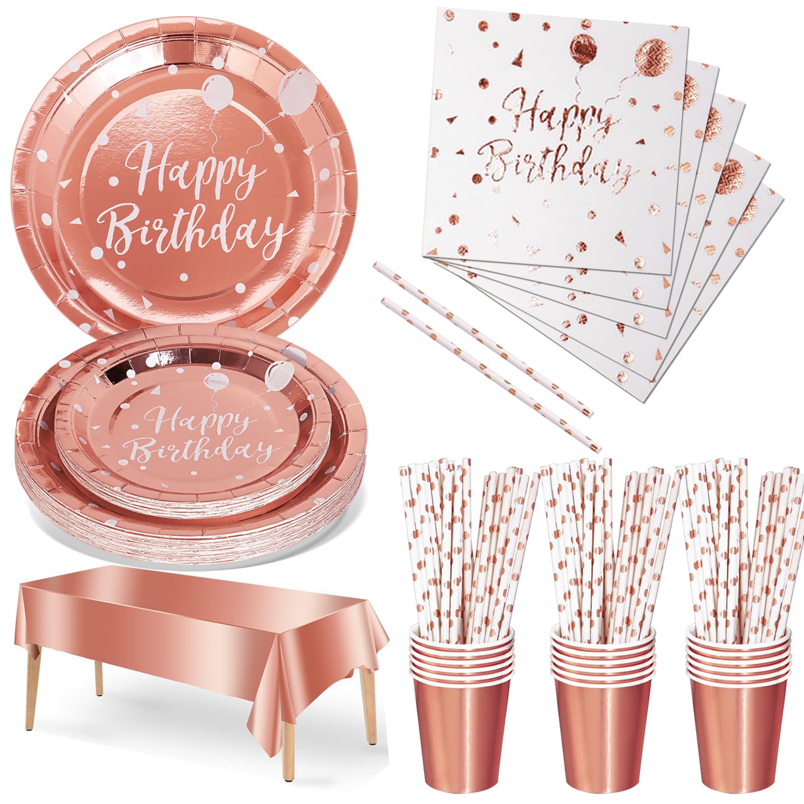 Nkaiso Party Tableware 121Pcs Rosegold Happy Birthday Theme Kids Birthday Decoration Accessories Set Includes Paper Plates Napkins Cups, for Party Supplies-24 Guests