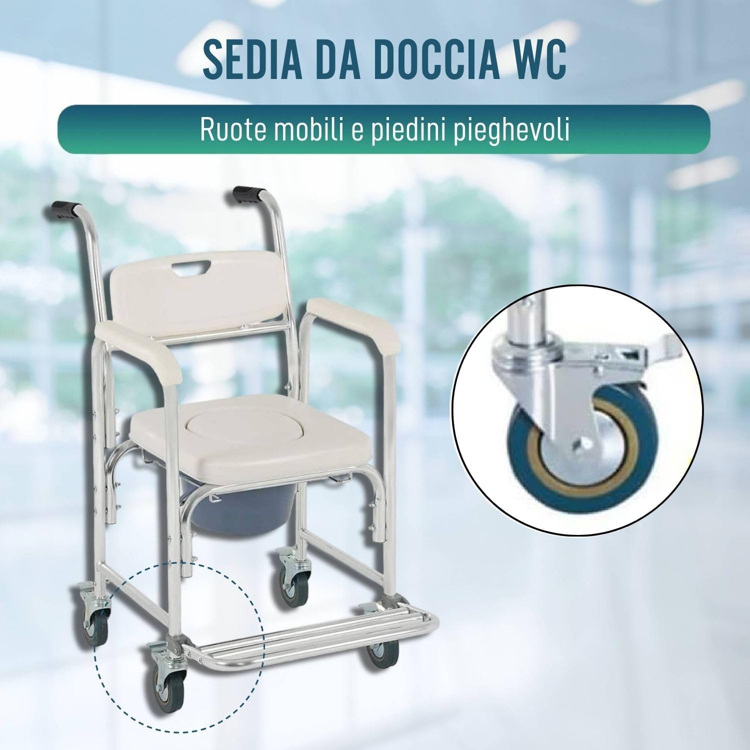 OrtoPrime Sedia da Doccia con Ruote e Piedini Pieghevoli - 3 in 1 - Sedia con WC Integrato e Bidet - Portatile per Anziani - Geriatrica