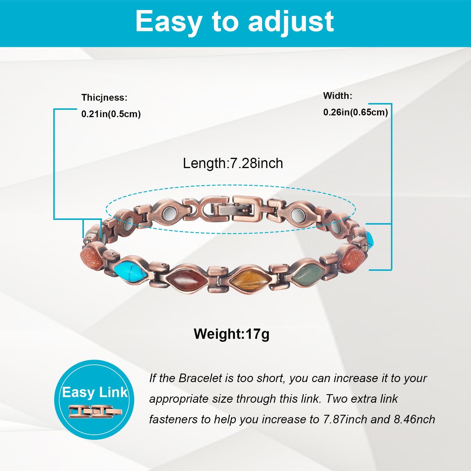 EnerCoppeX Damen-Kupferarmband, reines Kupfer, verstellbare Farbe, Türkis-Armband, 3500 Gauß-Magnet, modischer Türkis-Magnetschmuck, Kupfer