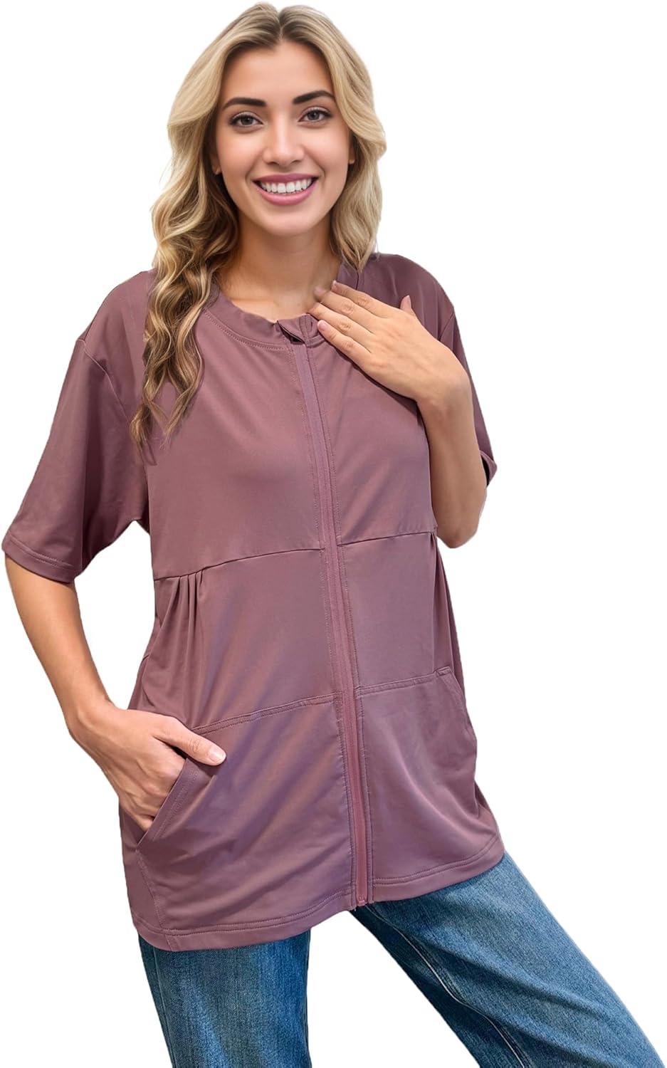 RAGEMALL Post Mastectomy Shirts with Drain Pockets Surgery Recovery Must Haves Clothing Comfy Front Zip Up Short Sleeve Tops - Image 6