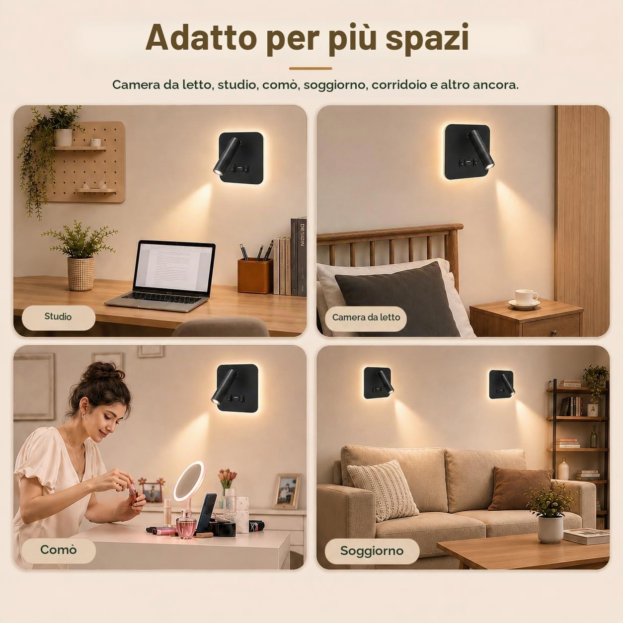 2Pcs Lampada da Parete LED, Applique da Parete Interno, Lampada da Lettura da Comodino con Porta di Ricarica USB e Interruttore, Regolabile a 360° Luce da Lettura per Camera da Letto Soggiorno