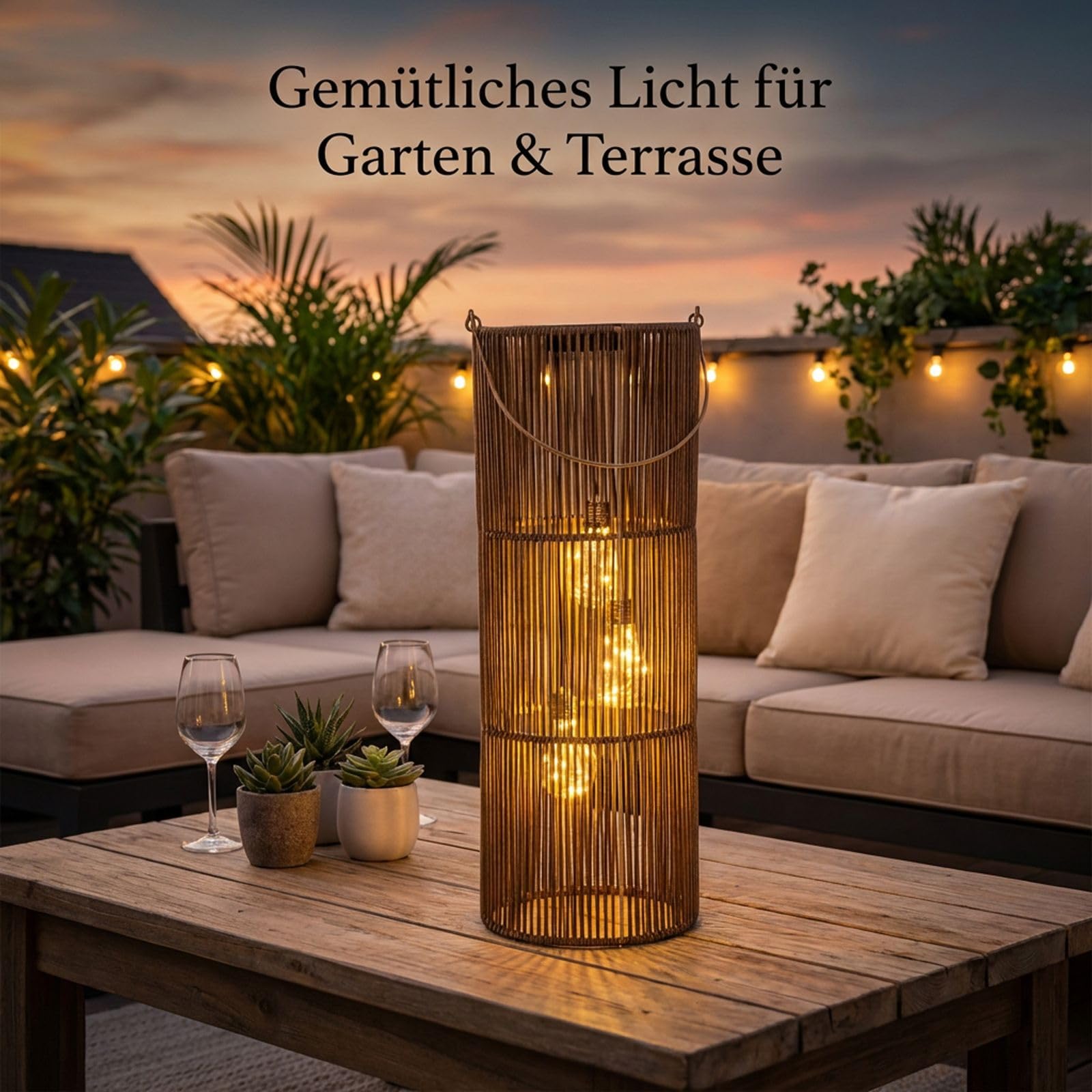formano Lanterne solaire d'extérieur en rotin - 3 ampoules LED - 55 cm - Lampe solaire avec capteur crépusculaire - IP44 - Lampe solaire décorative pour balcon, terrasse, éclairage extérieur