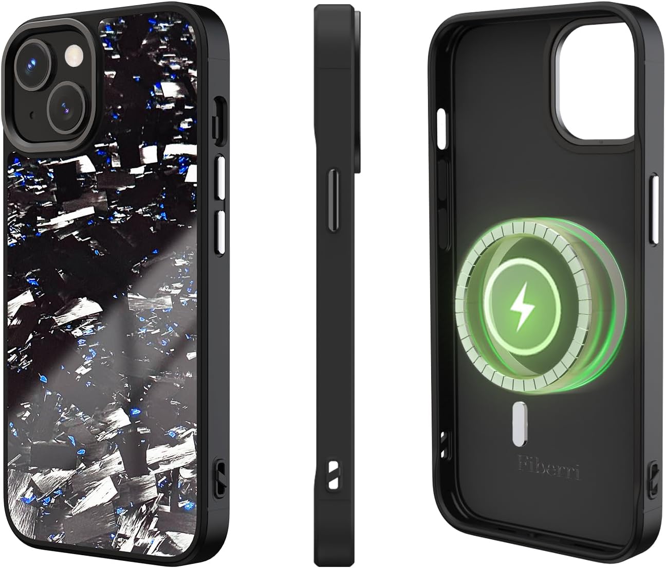 Genuine Forged Carbon Fiber Case for iPhone 15, Built-in Magnets, Compatible with MagSafe, Military Grade Drop Protection, Shockproof Phone Cover - Glossy Blue