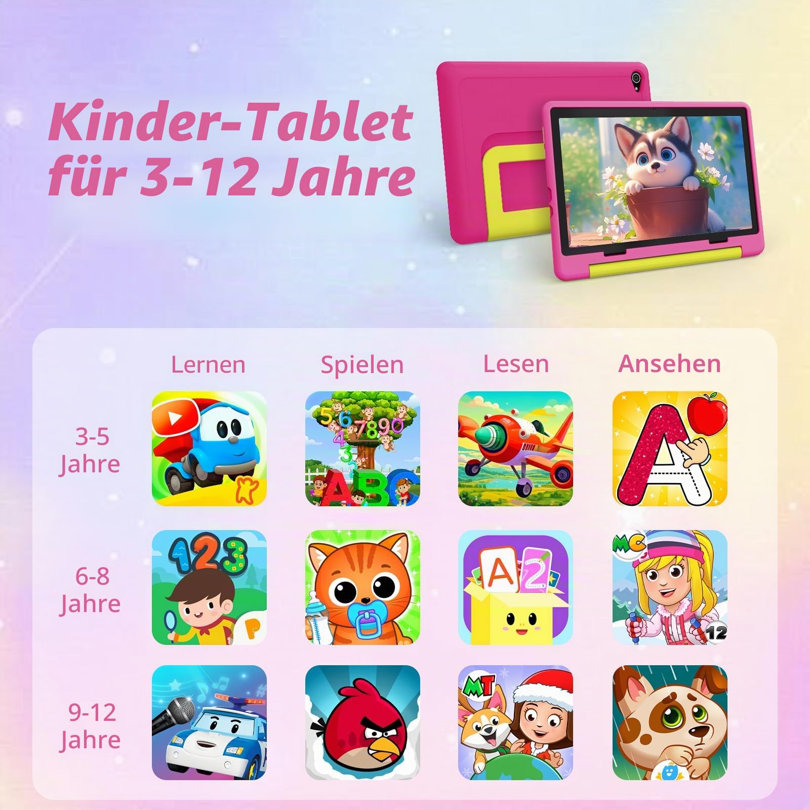 10 Zoll Kinder Tablet mit Hülle, Android Tablet für Kinder 3-12 Jahren, 14GB+64GB (1TB TF Expand), Octa Core CPU, 1280 * 800 HD Display, WiFi 6, BT5.3, Dual Kamera Tablets Tab Pad, Rosa