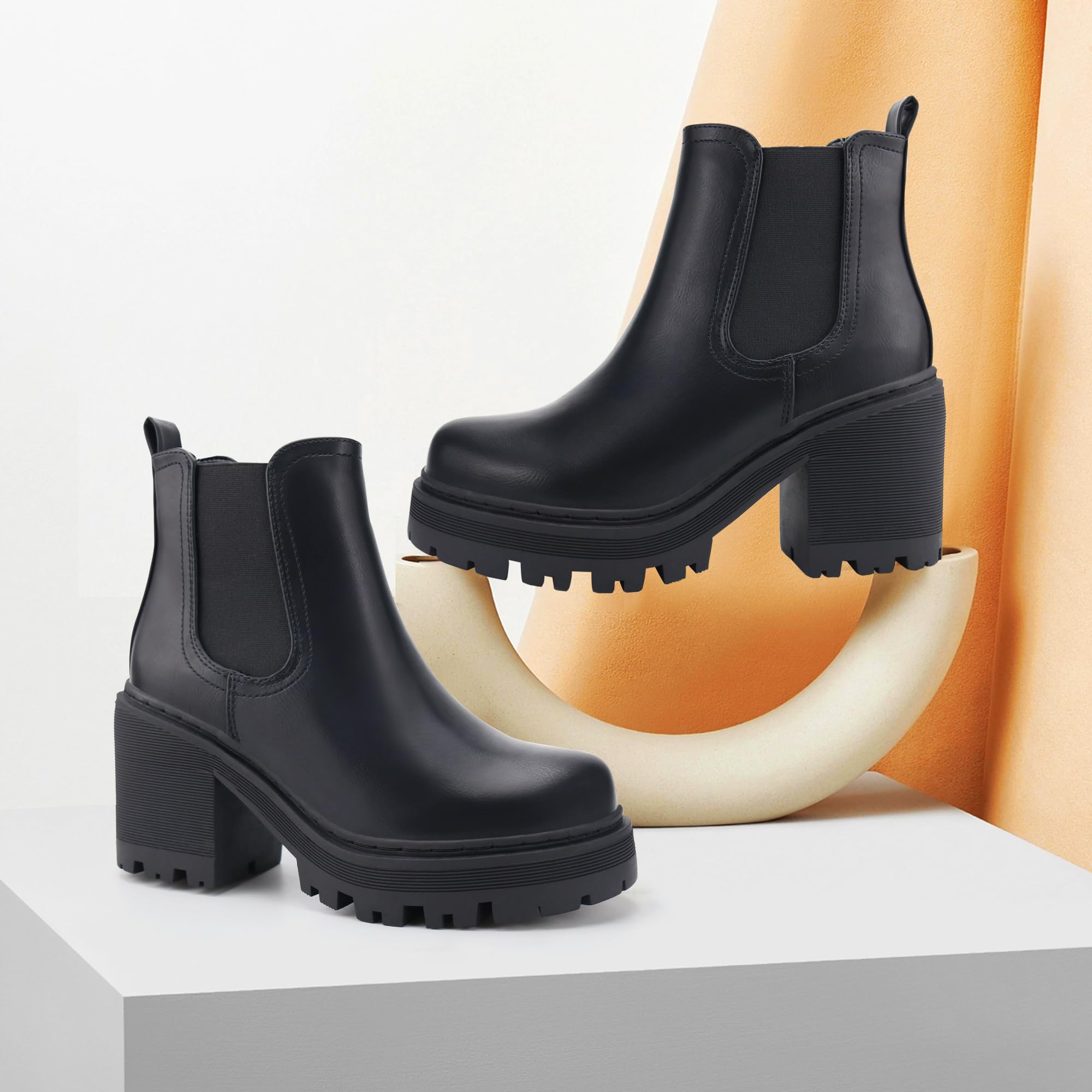 JABASIC Chelsea Boots Damen Stiefel Plateau Klassische Stiefeletten mit Absatz