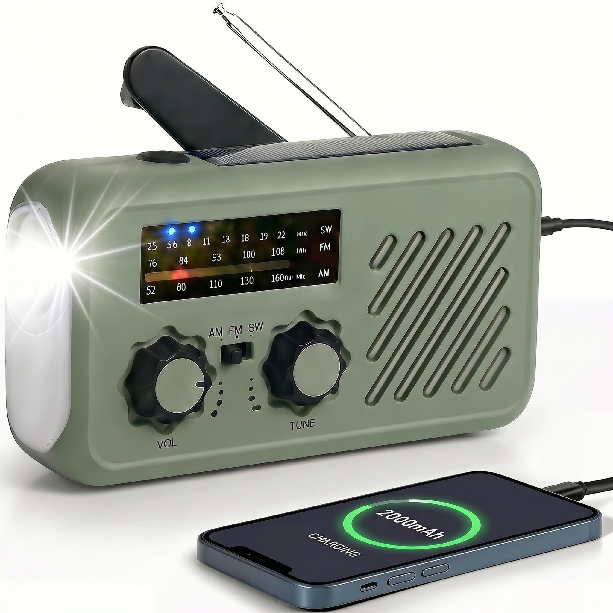 Radio de Emergencia Solar y Manivela, Radio FM/AM Portátil con Linterna LED, Luz de Lectura y Powerbank 2000mAh, Alarma SOS – Ideal para Camping, Regalo Hombre y Apagones