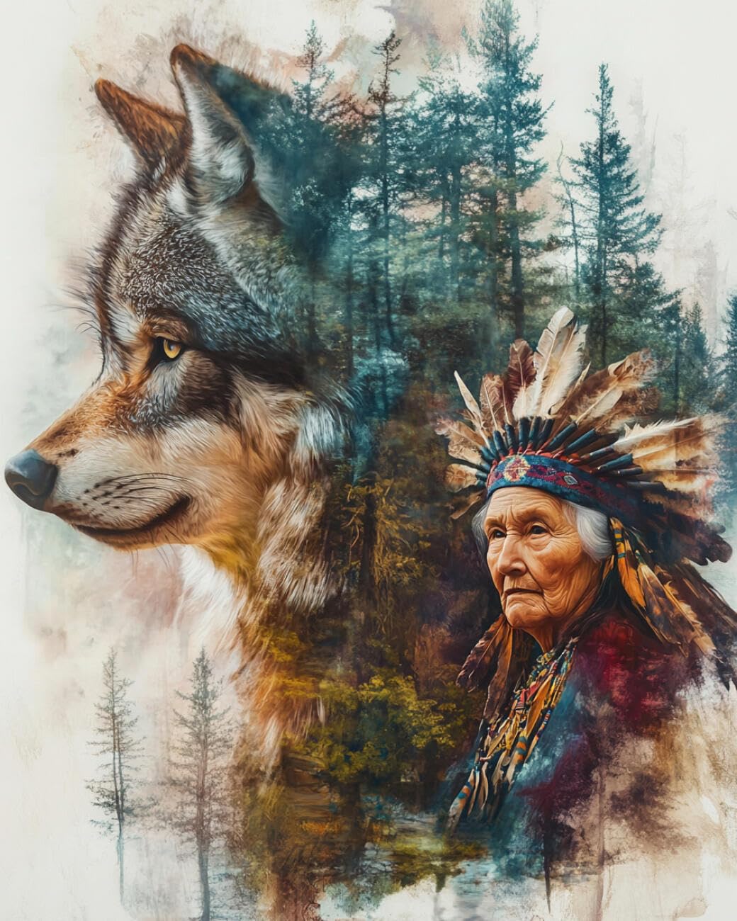 RKFLGEW Animal 14CT Stamped Cross Stitch Kits Indians and Wolves Preprinted Fabric Cross Stitch DIY Art Needlecrafts Embroidery Kits for Adults Beginners 40x50cm