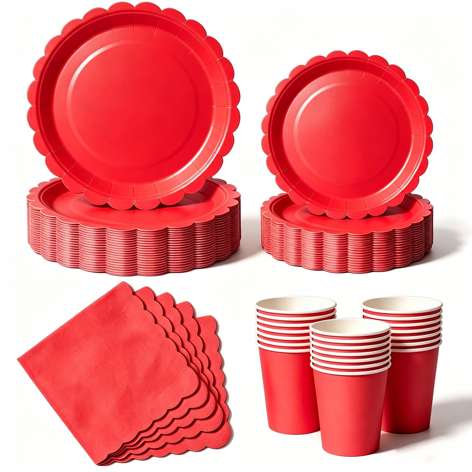 Nkaiso 50 Pcs Red Scalloped Paper Plates and Napkins Set for 10