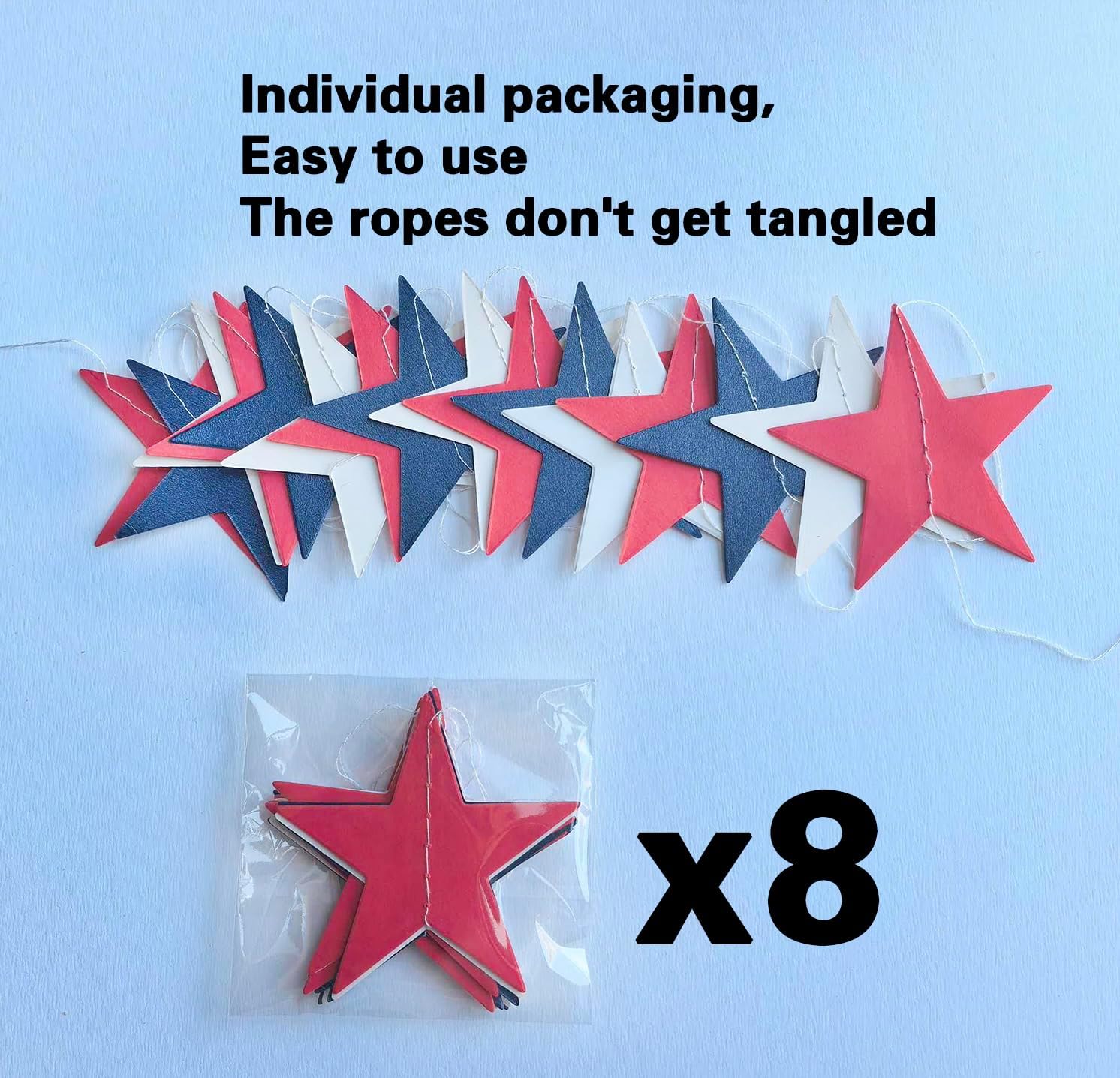8 Pack Strands Total 52.5Ft Patriotic Star Streamers Banner- Paper Garland Banner Red White Blue Hanging Stars Decorations for 4th of July, Memorial Day, Veterans Day Party, Independence Day