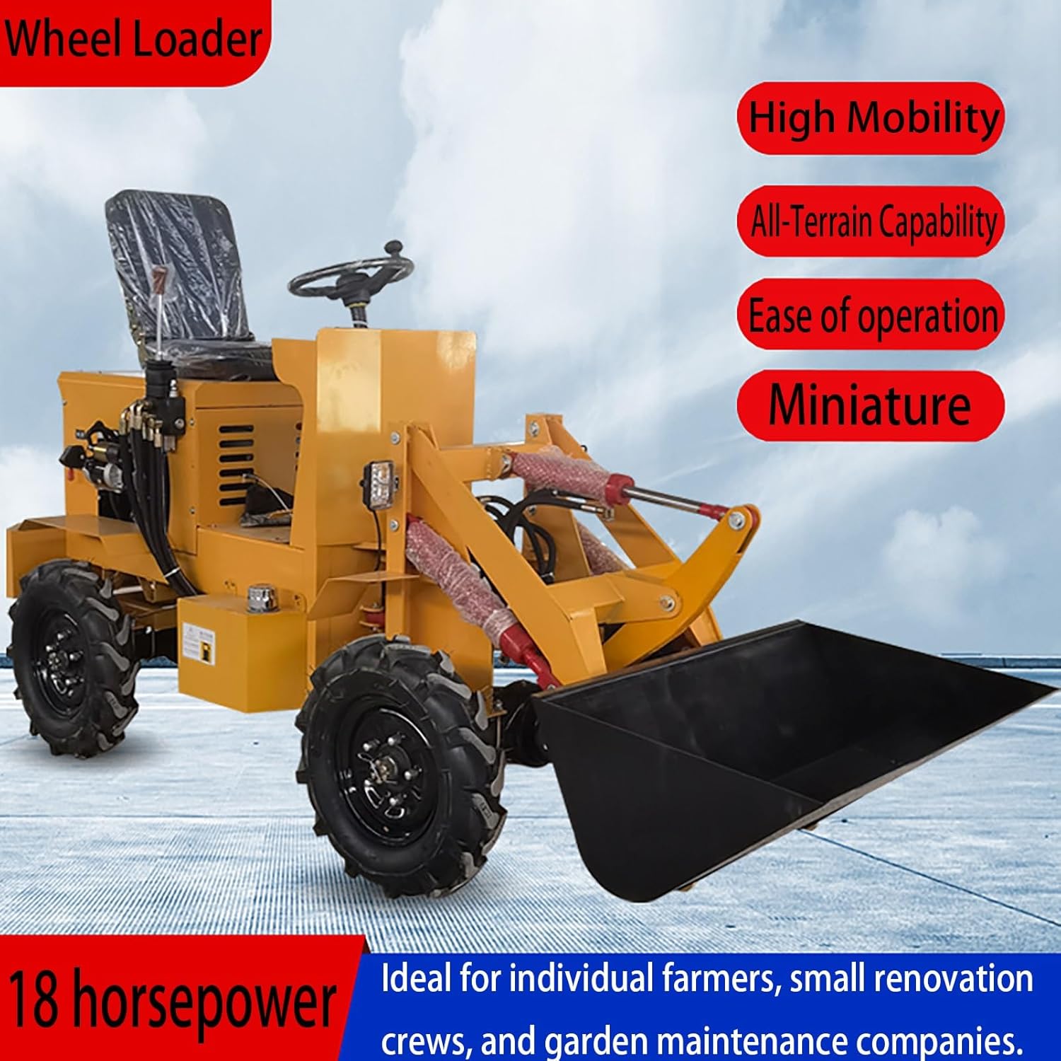 Ride-On Wheeled Mini Loader (18 HP) - Heavy-Duty Bucket (0.3 Cu.M) With Comfort Seat, Off-Road Traction For Construction, Agricultural & Landscaping Tasks