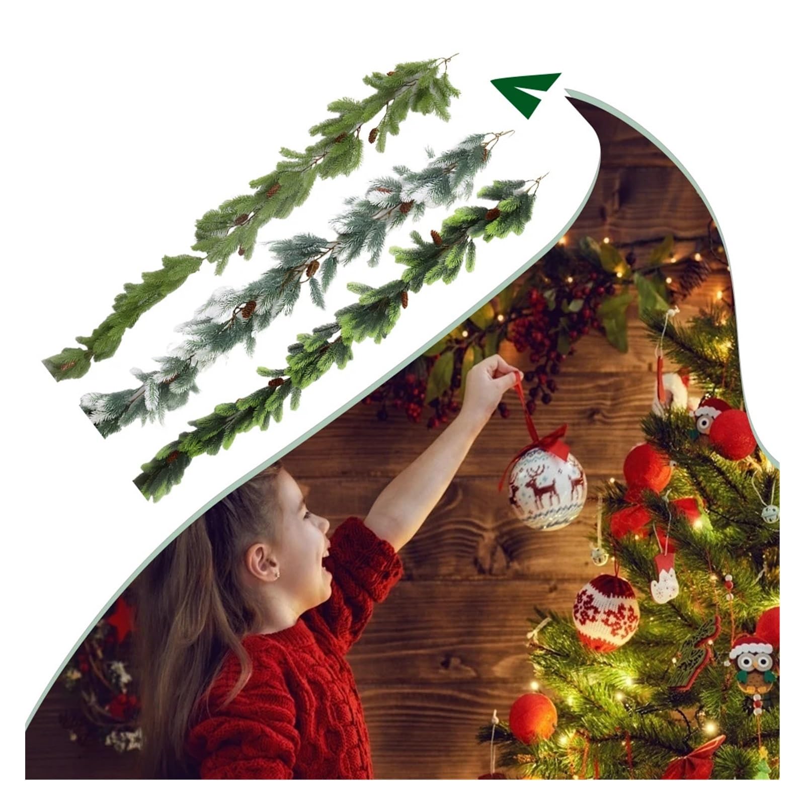 Guirnalda navideña Artificial, con Pino y Hiedra for decoración navideña e Invernal del hogar.(Green)