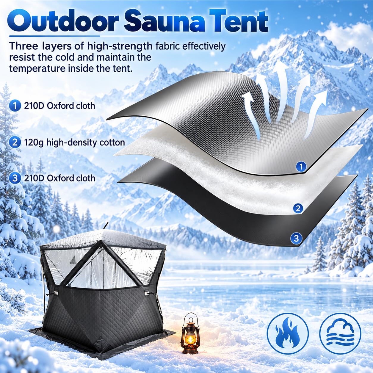 Tenda Sauna da Esterno, Riparo Isolato per Pesca sul Ghiaccio 3-5 Persone 1.8mBlack
