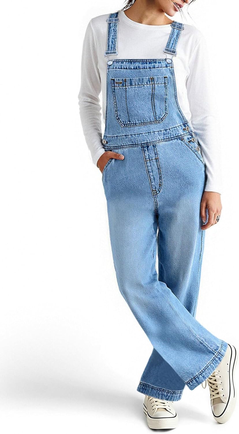 PEIHOT Women's Casual Wide Leg Denim Overalls Loose Fit Jean Jumpsuits Adjustable Strap Bib Romper Fall