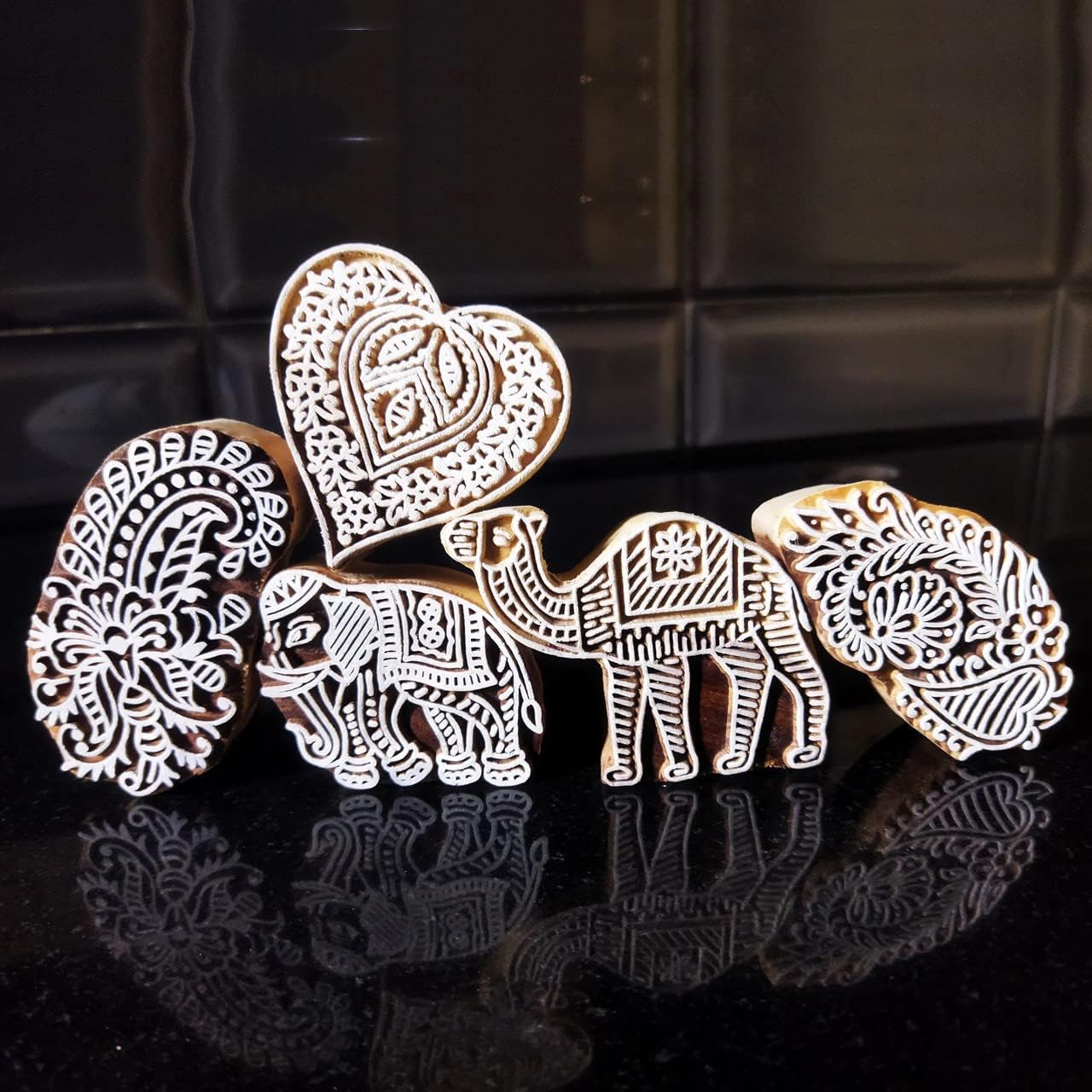 ecofynd Round Wood Block Stamps (Pack of 5), Wooden Blocks for Block Printing Stamp Set, Artistic Shapes Craft Kids Saree Border DIY Henna Fabric Textile Paper Clay Pottery Hand-Carved (BLOCK013)