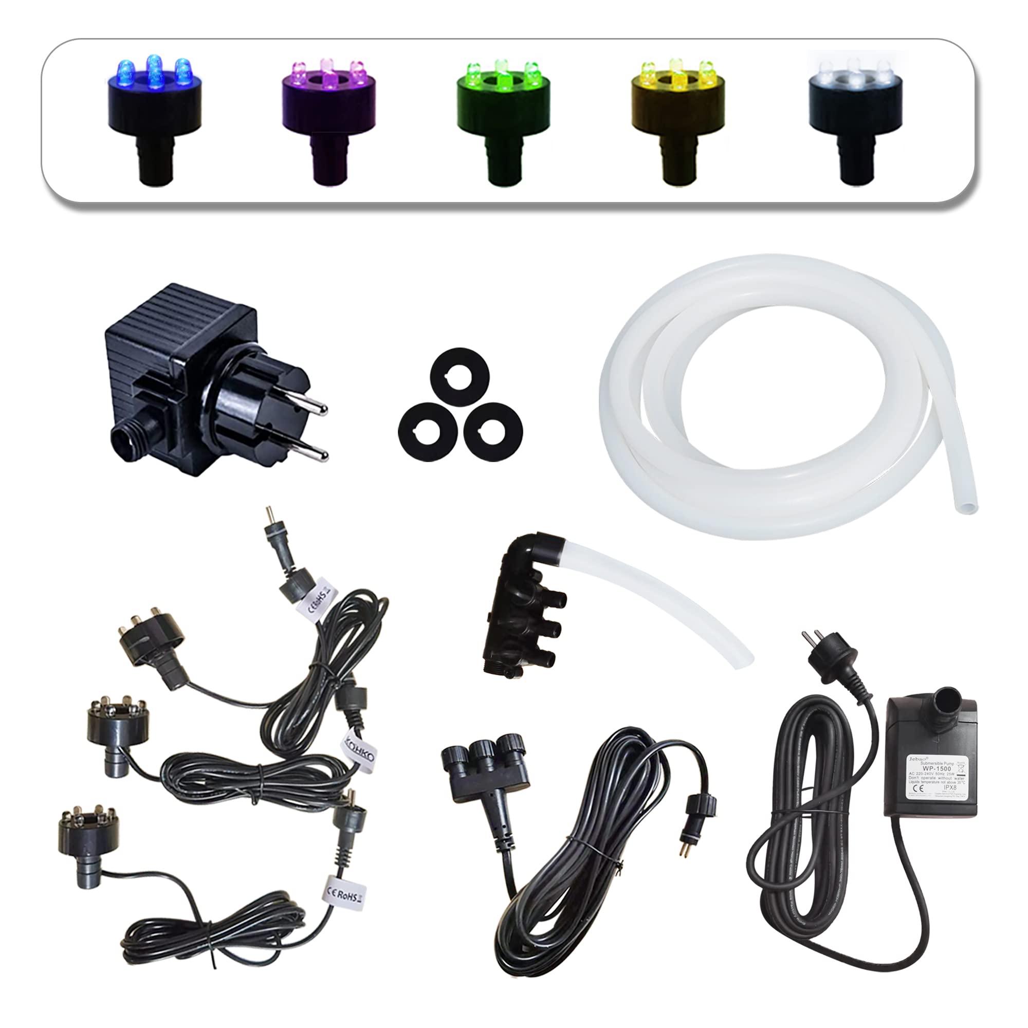 köhko Juego completo de bomba 2000L/H para fuentes de jardín, incluye 3 luces LED (blanco cálido), 3 vías de distribución de agua, manguera, cable de extensión de 5 m, tarfo y junta de espuma