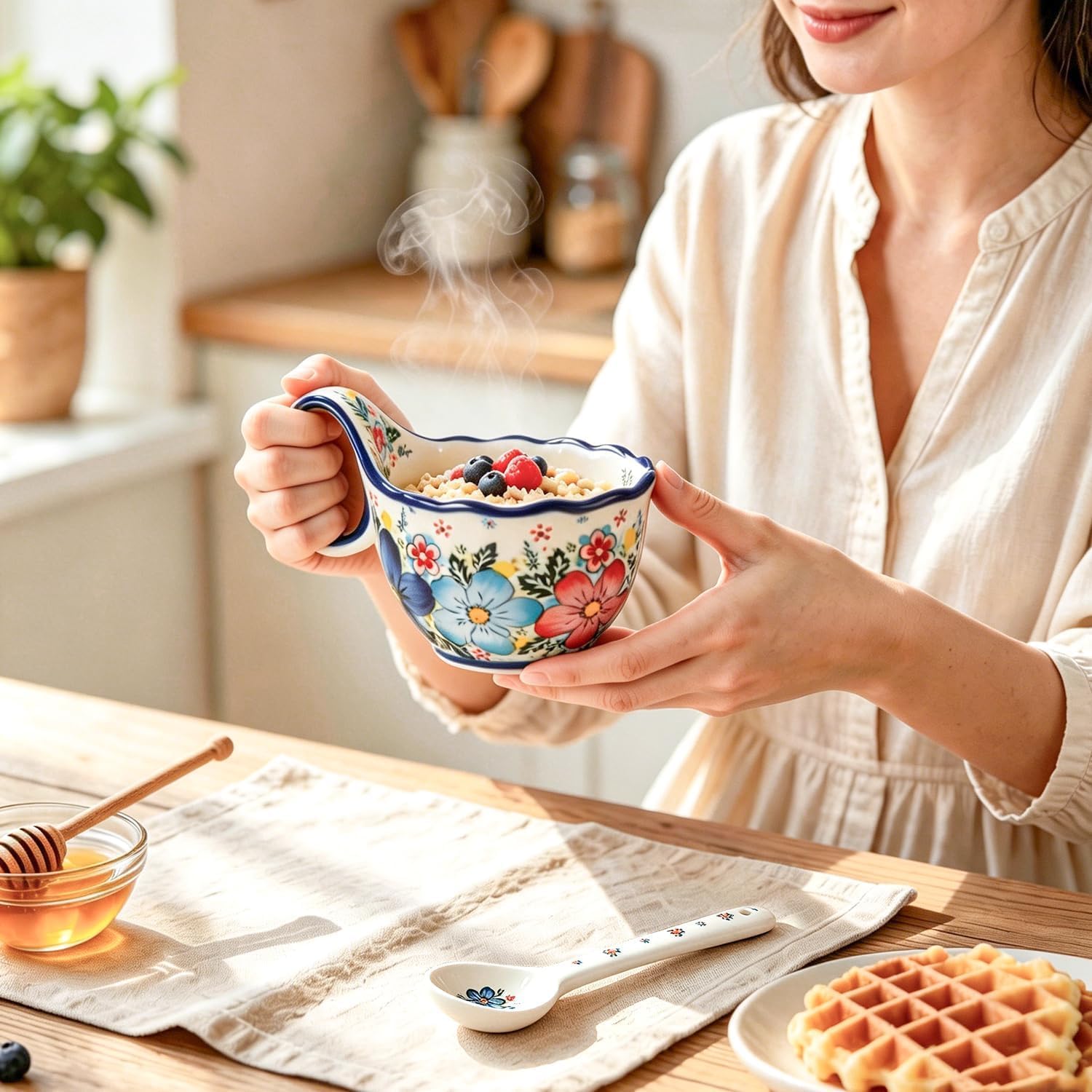 Soup Bowl with Handle, 18 Oz Soup Bowls with Handles Microwave Safe, Soup Mug with Loop Handle, Unique Ceramic Bowl with Spoon for Holding Fruits Cereal Snack,Chili,Ice Cream,Stew