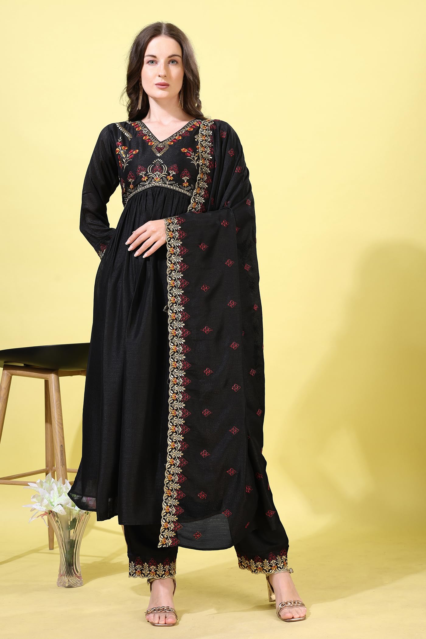 Pratham Blue Women's Silk Embroidered Regular Kurta Set (Bkp-1029-Xxl_Black