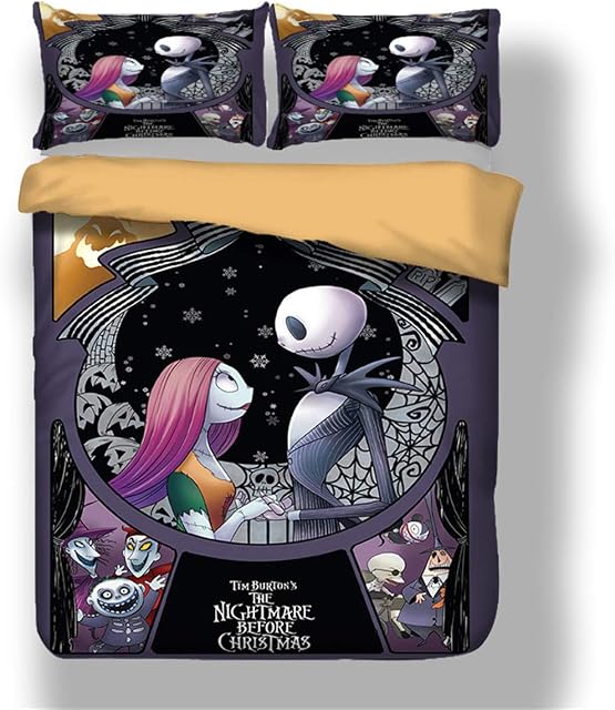 Nightmare Before Christmas Duvet Cover with 1 Pillowcases Cartoon Skull Bedding Set with Zipper Closure Luxury Soft Microfiber Bedding Set Single 135 x 200cm