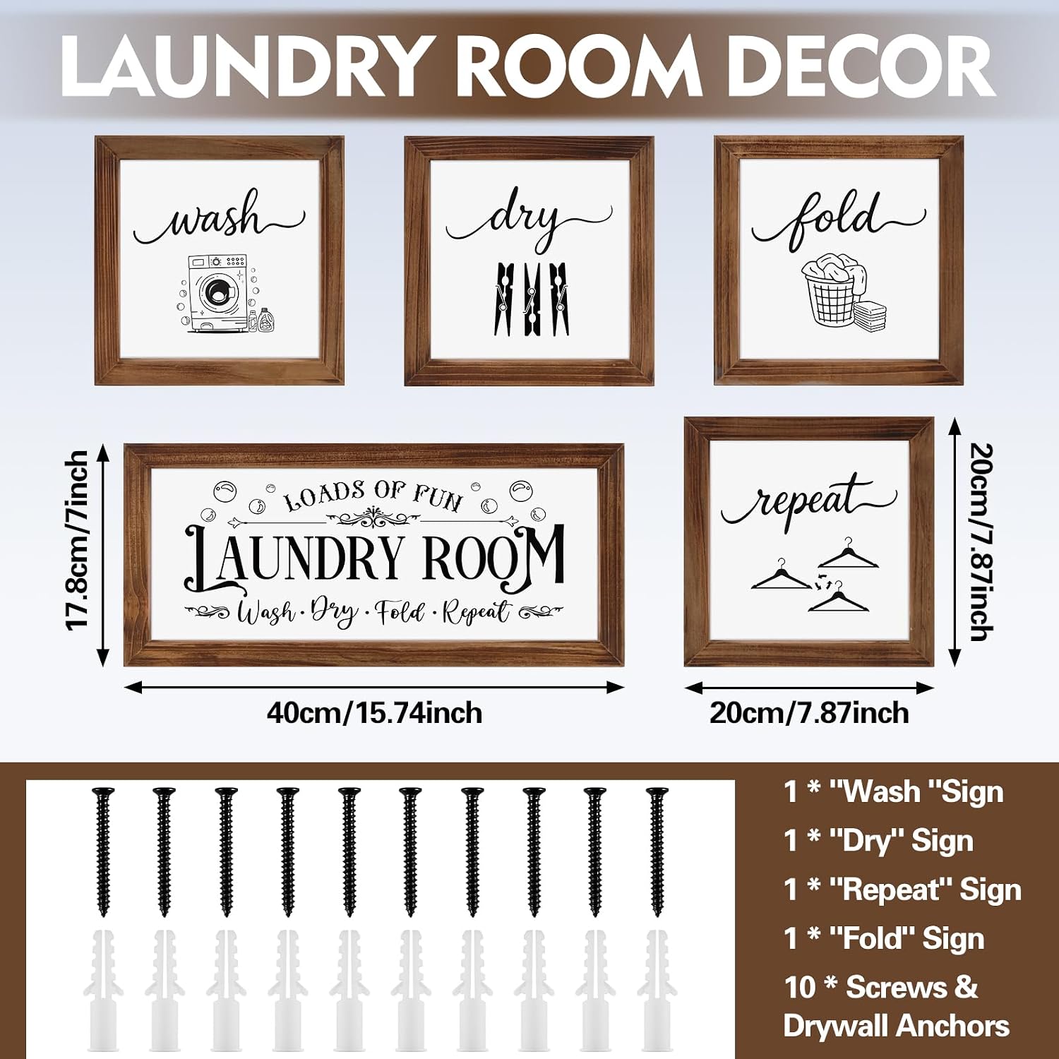 Laundry Room Wall Decor-5 Pieces Laundry Room Sign Wash Dry Fold Repeat Signs Rustic Farmhouse Wall Art Decor for Bathroom Home Decorations Supplies image 2