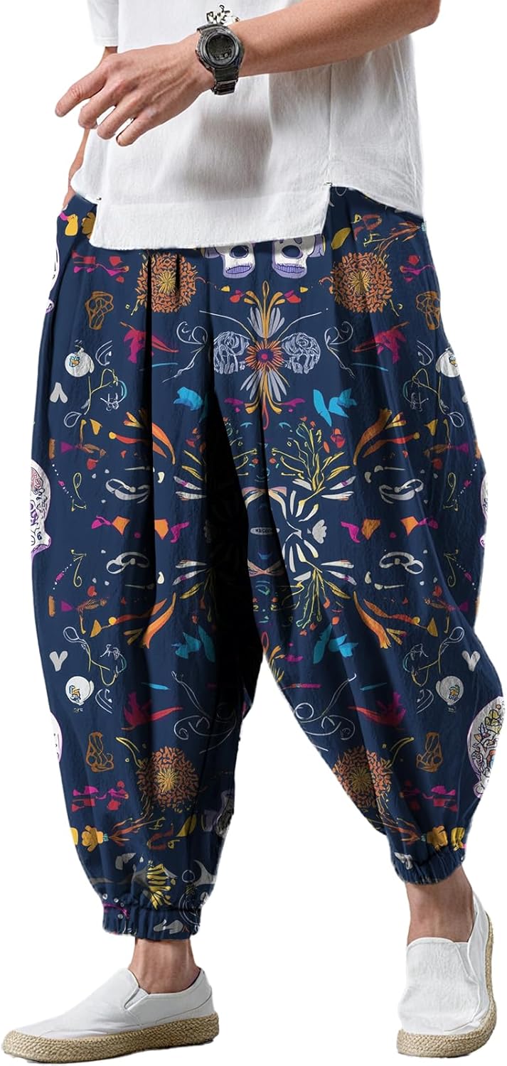 Mens Harem Pants Vintage Printted Wide Leg Lounge Trouser Plus Size Baggy Yoga Pant with Pockets Vacation Work