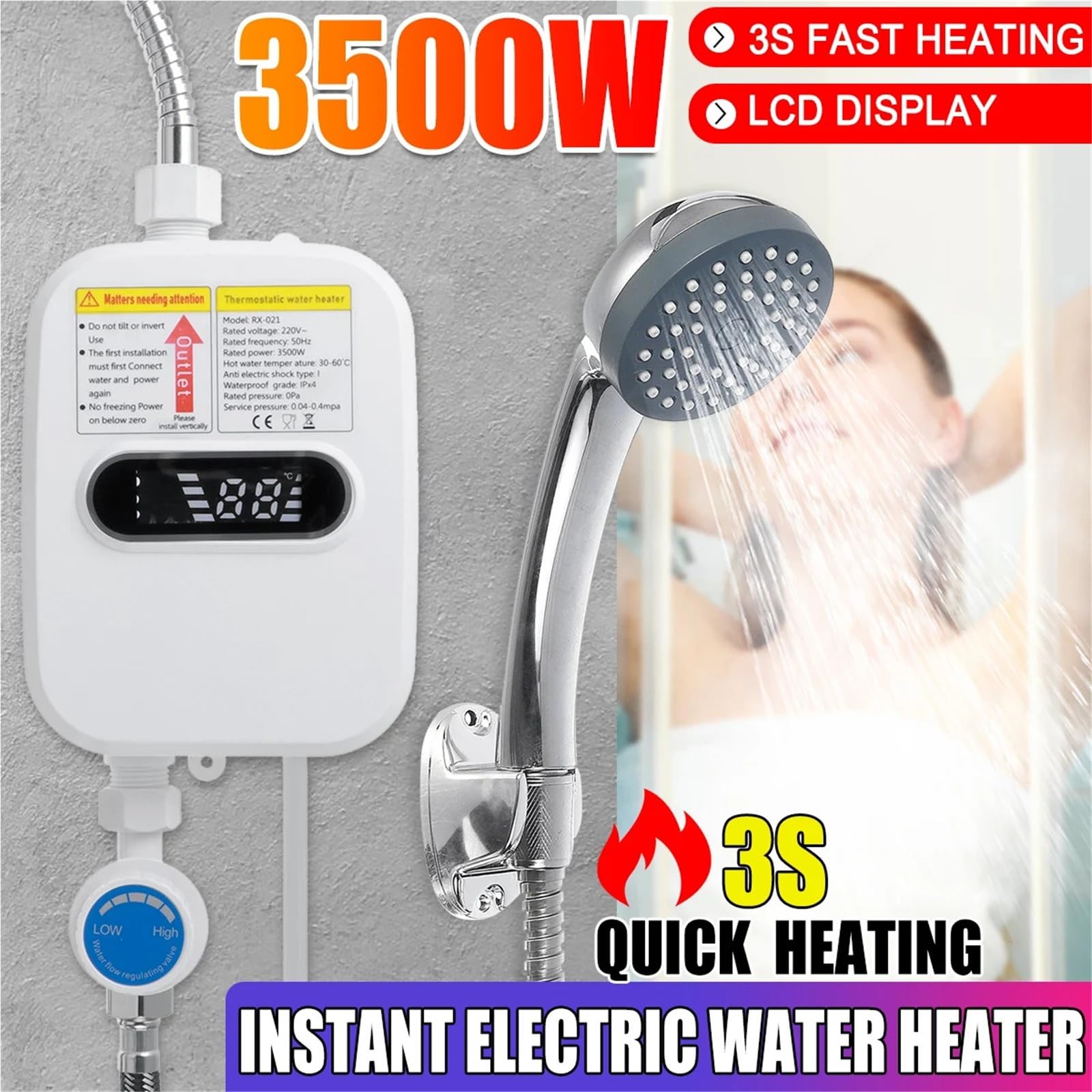 Podgrzewacz wody bez zbiornika, Podgrzewacz wody przepływowy 3500 W, prysznic, ogrzewanie, łazienka, kuchnia, bez zbiornikowy, elektryczny podgrzewacz, wyświetlacz temperatury