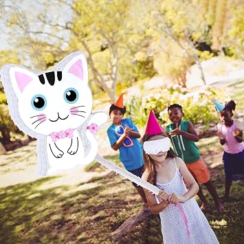 Aoriher Cat Pinata with Blindfold and Bat, Cat Birthday Party Supplies Kitty Pinatas Pink and White for Party Favor Birthday Decorations, 14.2 x 12.8 x 3.2 Inch, Pink and White