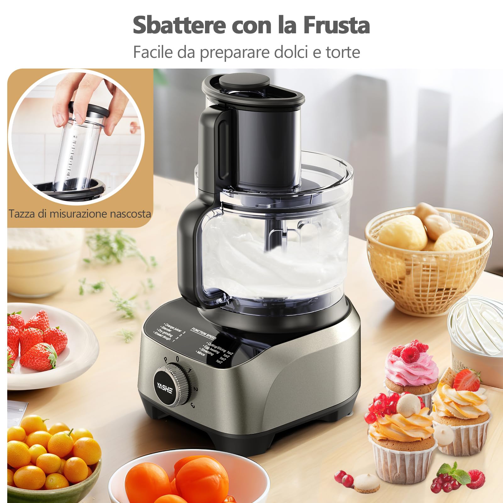 YASHE Robot da Cucina Multifunzione – Frullatore, Impastatrice, Tritatutto, Spremiagrumi, Macchina per Impastare con Ciotola da 2,5L e Caraffa Frullatore da 1,5L, 3 Velocità con Funzione Pulse