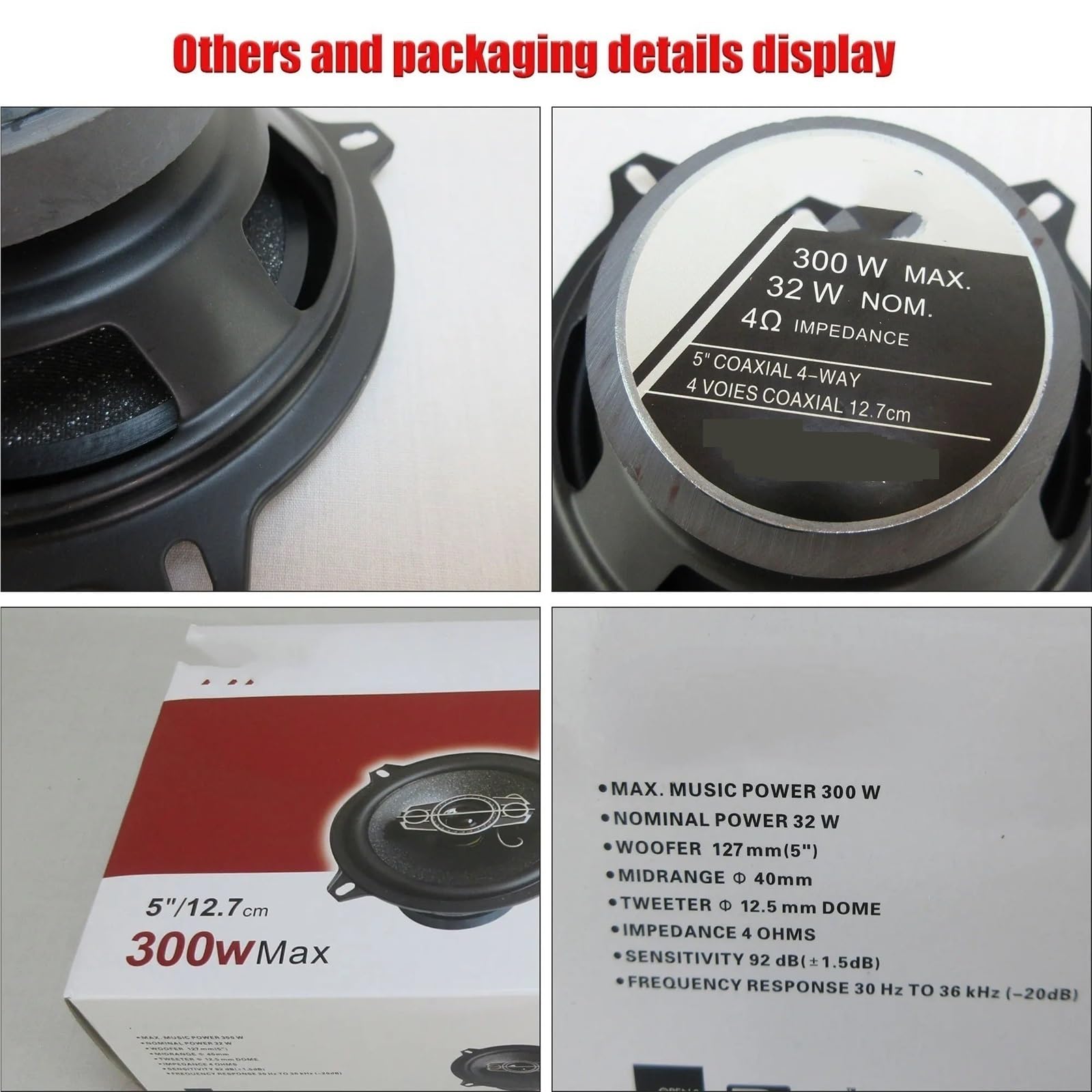 Głośnik Głośnik Wysokotonowy 2x300W 5 cali Łącznie 600W 4-drożny głośnik współosiowy HiFi z osłoną przeciwpyłową i kablem audio Drzwi samochodowe Auto Audio