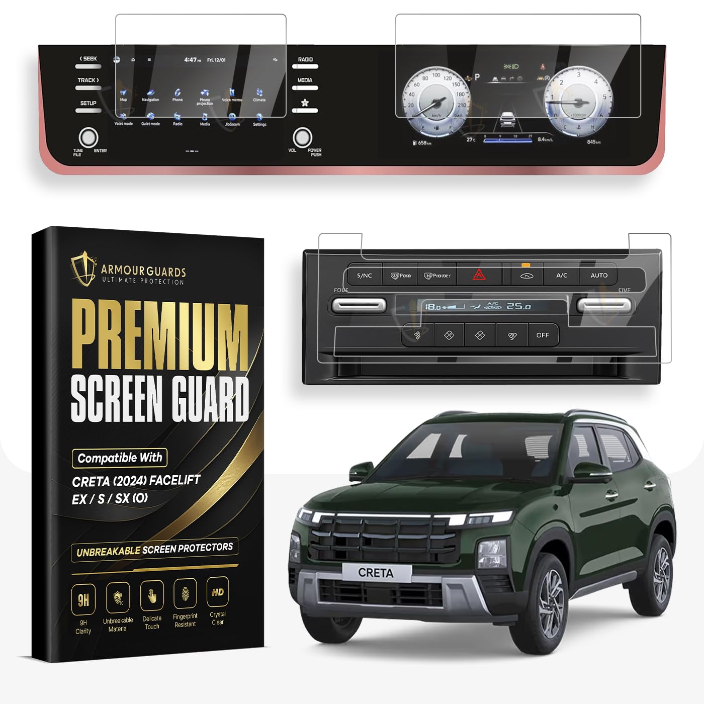 Screen Protector Combo for Hyundai CRETA 2024 Facelift – 8 Inch Infotainment & Cluster (EX/S/SX Optional) + AC Panel Screen Guard | Clear [Not a Tempered Glass]