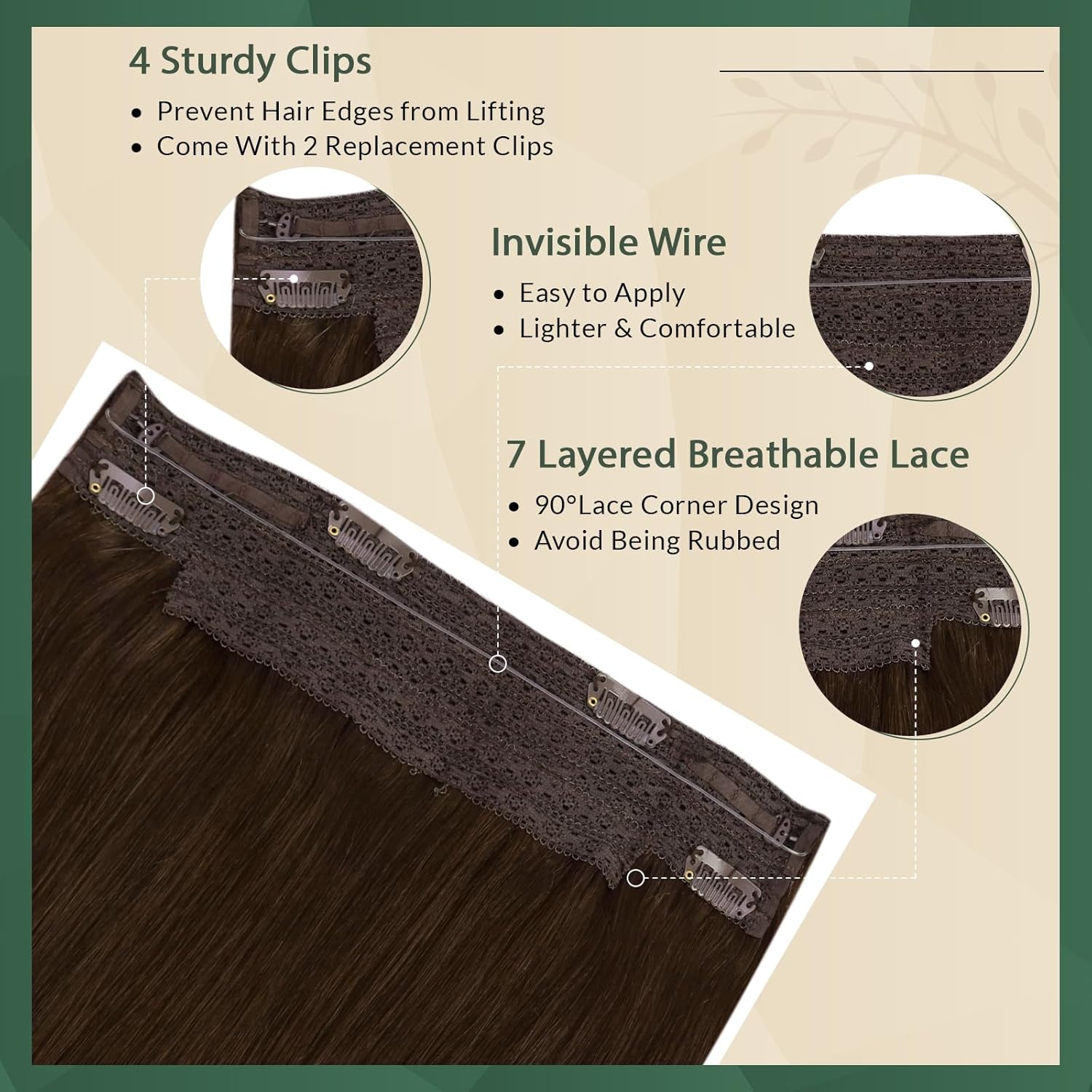 Ugeat Brown Wire Hair Extensions, 16 Inch 80g Wire Hair Extensions Real Human Hair, Natural Looking for Women Medium Length Invisible One Piece Clip ins Hair Extension