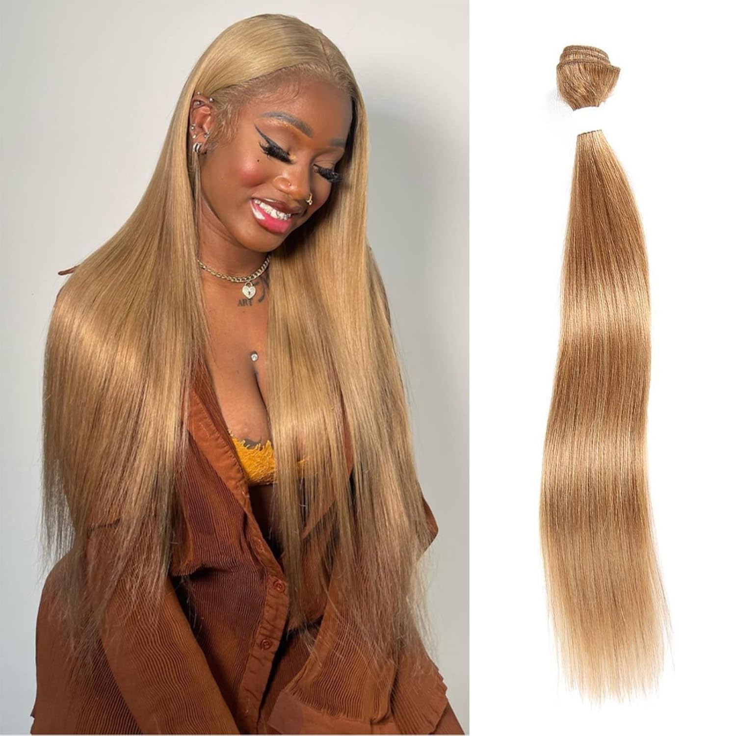 X-TRESS Honey Blone Bundle Human Hair Color #27 Hair Weave Straight for Women 100% Brazilian Virgin Remy Hair in Hair Extension Human Hair Weave Daily Use (24 Inch)