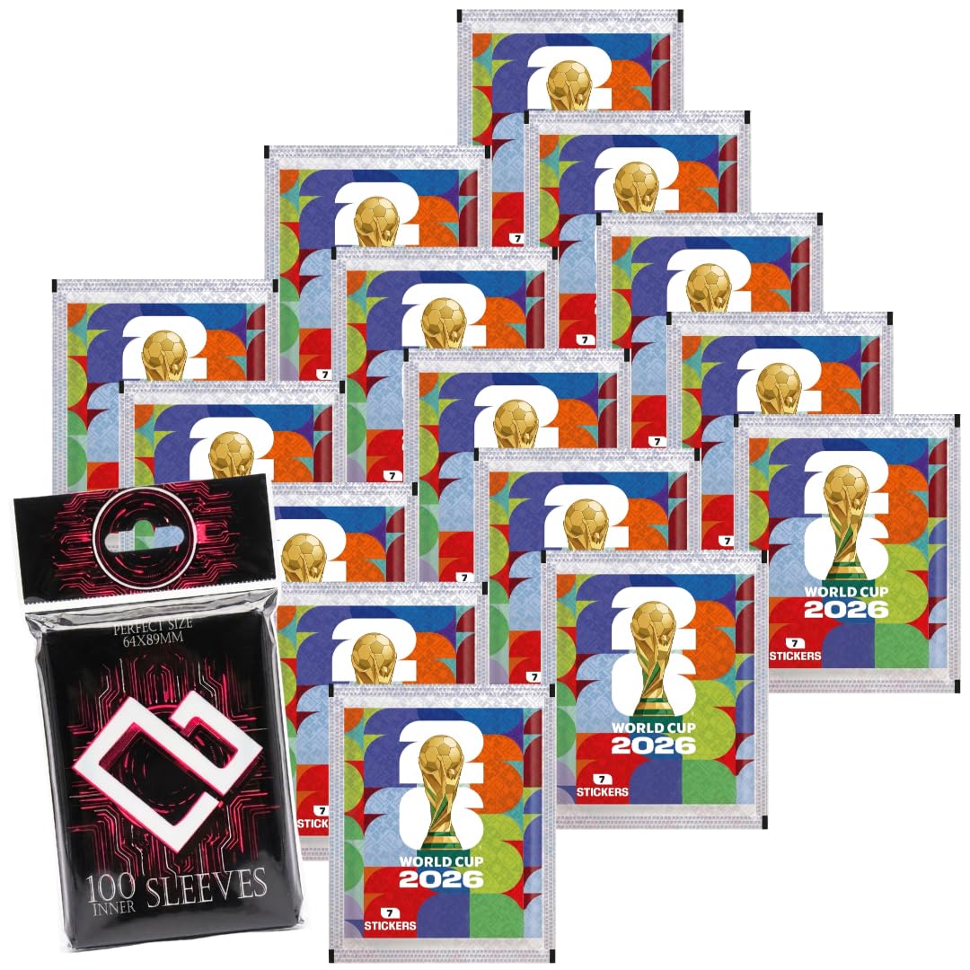 World Cup 2026 Collection Set - 15 Original Sticker Bags with 105 Random Stickers & 100 HeartGlobal Card Sleeves | Football Sticker Bundle + HeartGlobal Shipping Protection (Own Brand Bundle)