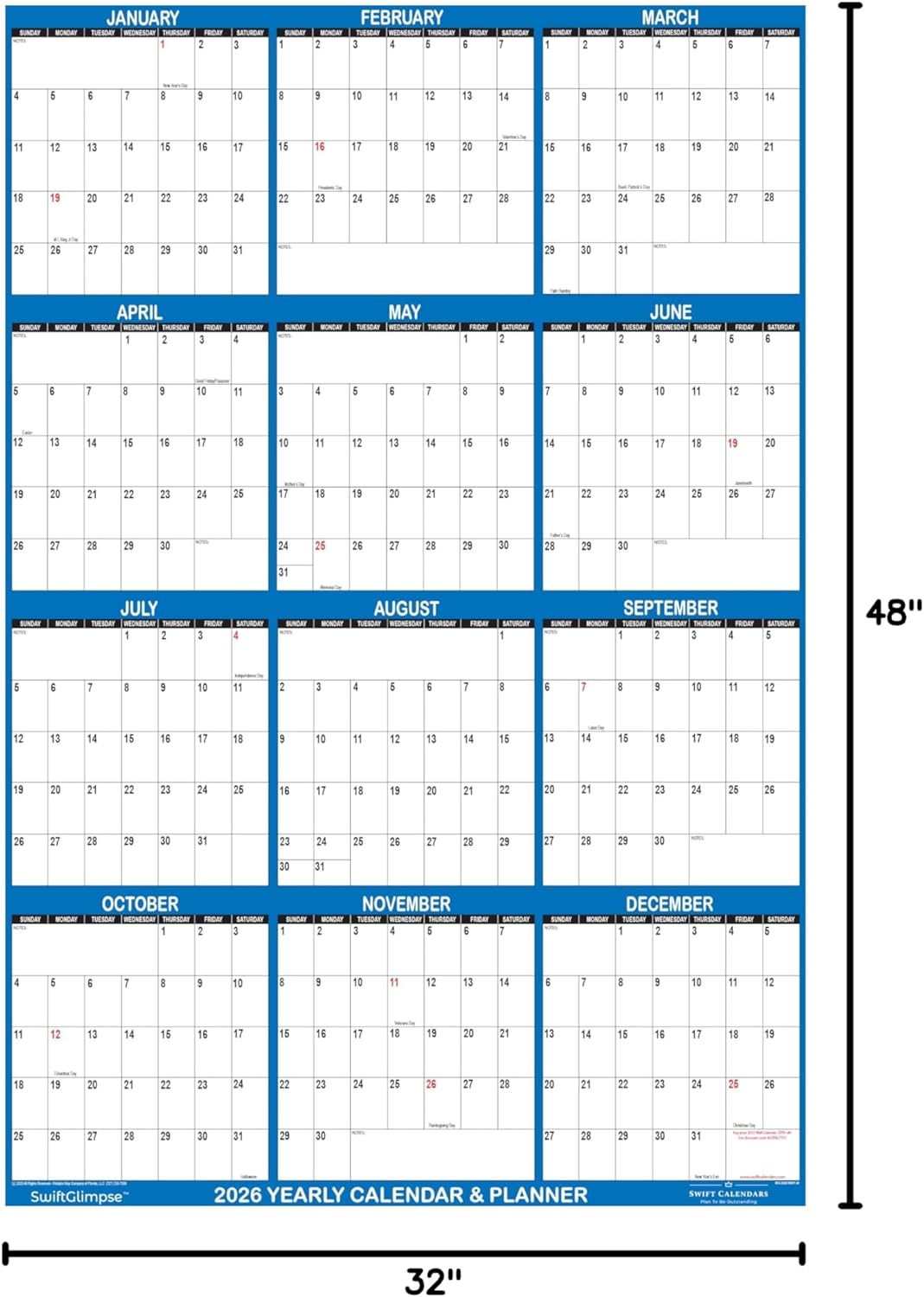32" x 48" SwiftGlimpse 2026 Wall Calendar Erasable Large XL Wet & Dry Erase Laminated 12 Month Annual Yearly Wall Planner, Reversible, Navy