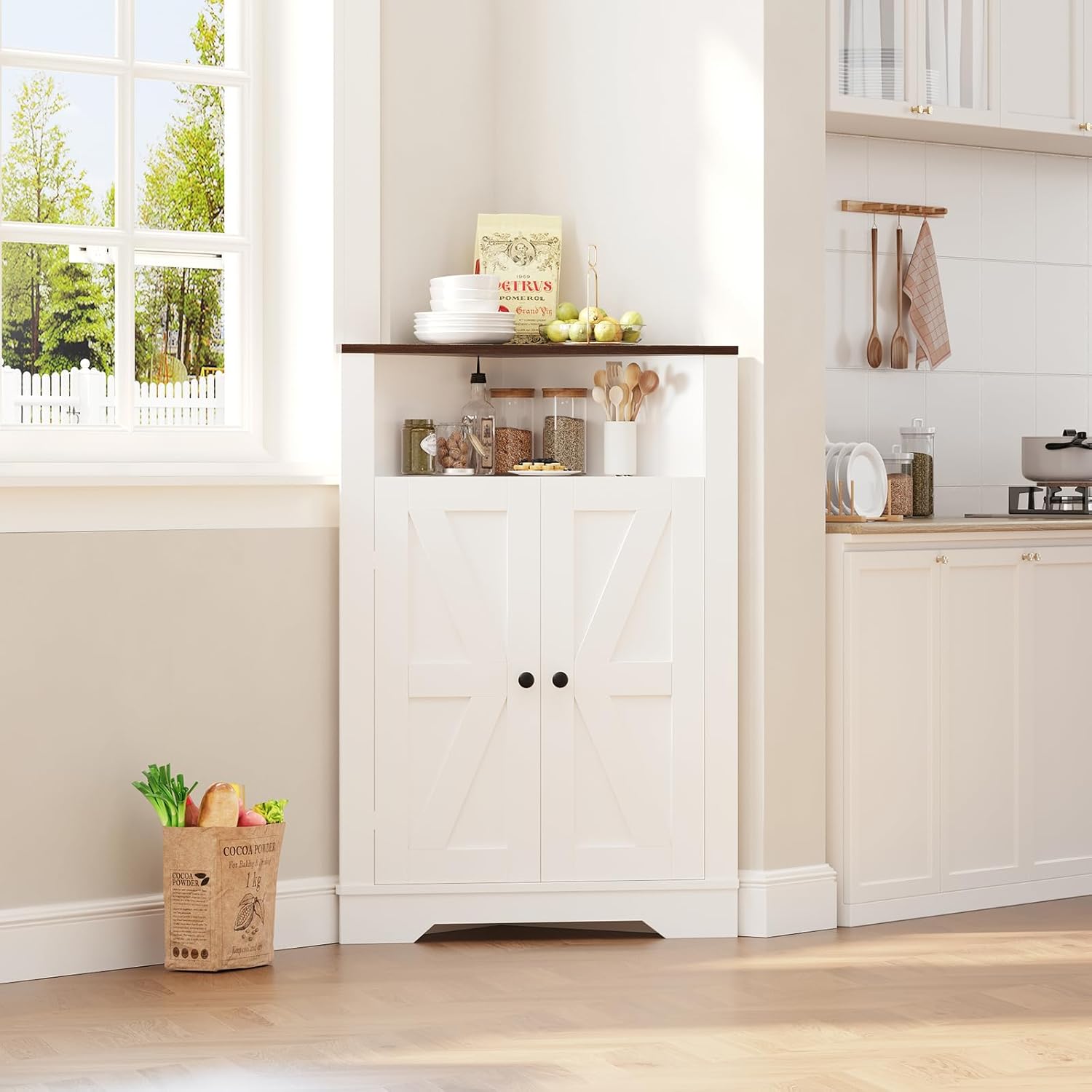 IDEALHOUSE Corner Storage Cabinet, Farmhouse Small Floor Corner Cabinet with Door and Adjustable Shelf, Narrow Cabinet Organizer for Bathroom,Pantry, Living Room, Kitchen