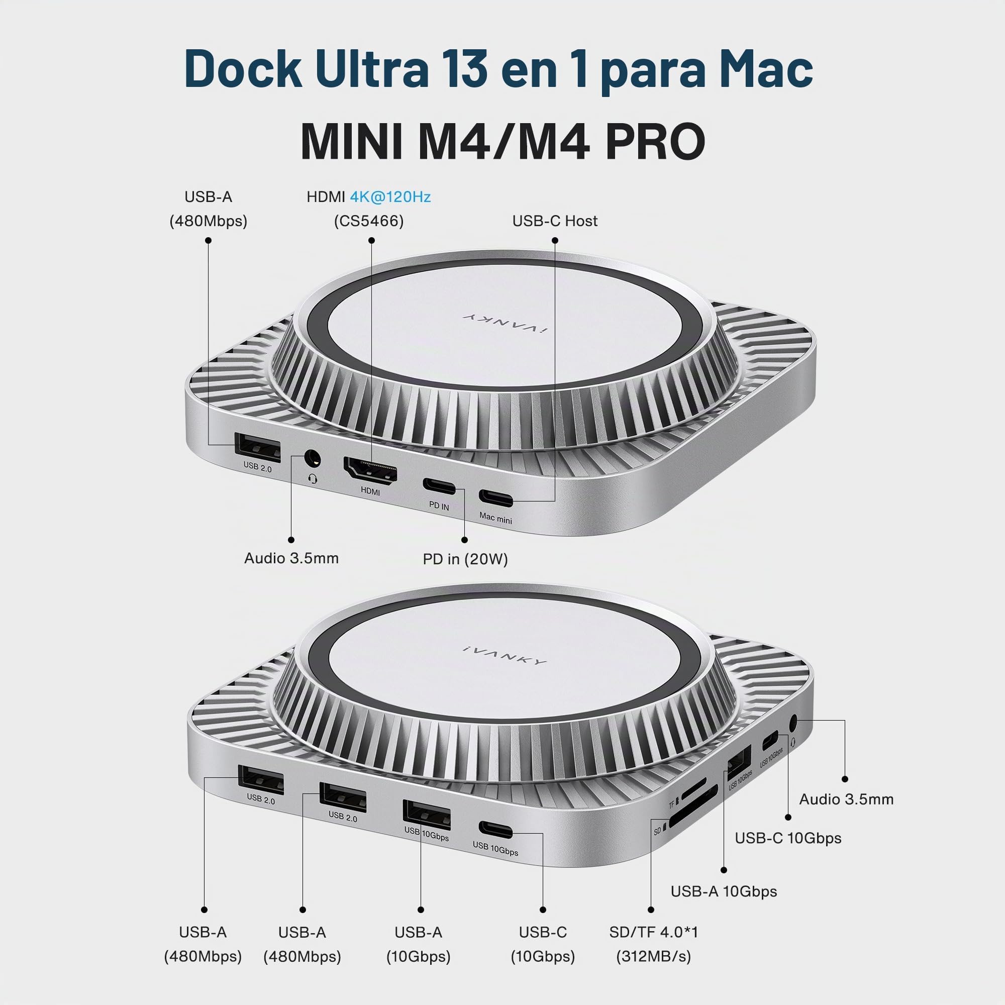IVANKY 13-en-1 Estación de Acoplamiento para Mac Mini M4 & M4 Pro (2024) | Soporte con Carcasa SSD M.2 NVMe, Hub HDMI 4K@120Hz, 2×10 Gbps USB A/C, SD/TF, 2 Puertos Audio (Sliver, Velocidad elevada)