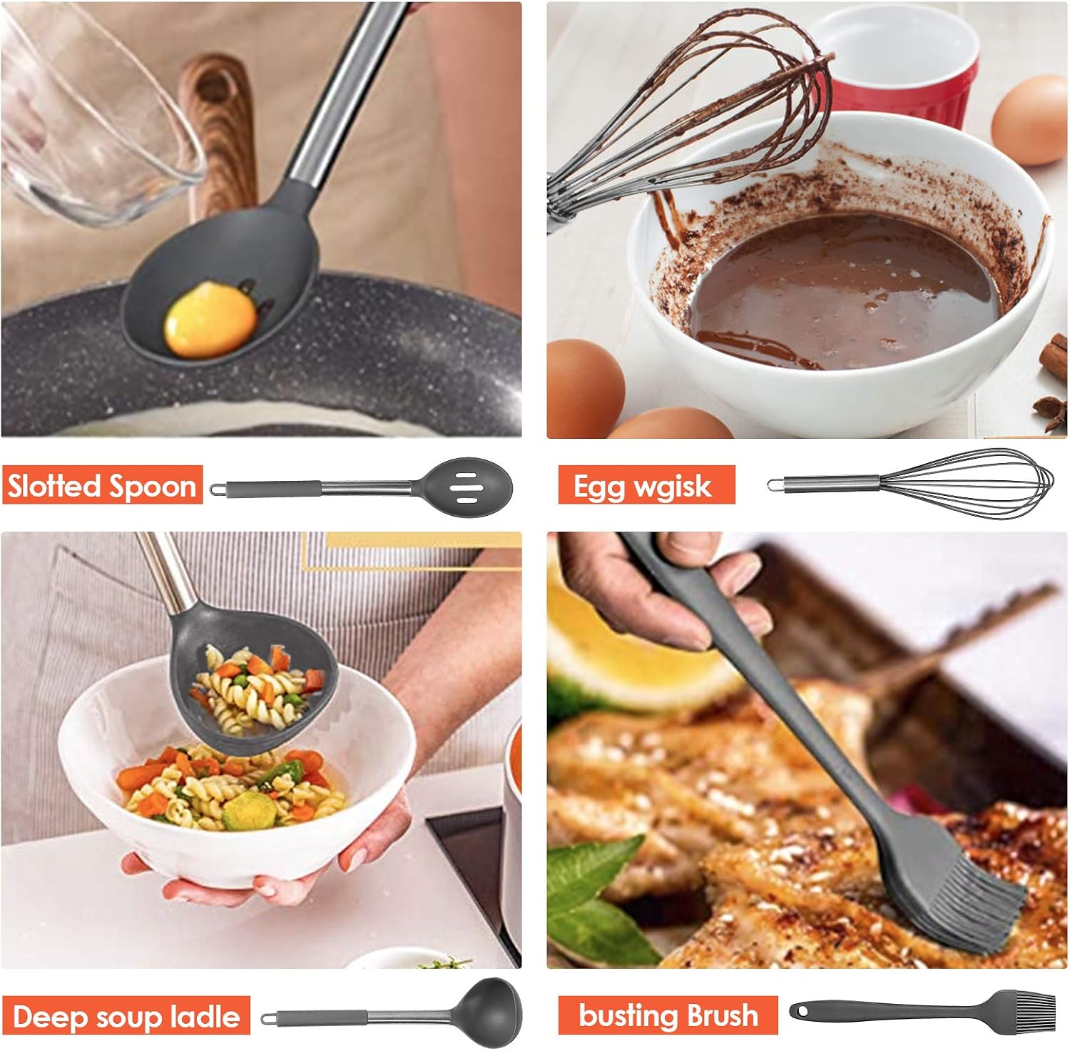 Silicone Cooking Utensil Sets, 15 pcs Kitchen Utensils Set, Non-stick Heat Resistant Silicone Cookware with Stainless Steel Handle, BPA-Free Cookware Kitchen Tools Set, Gray