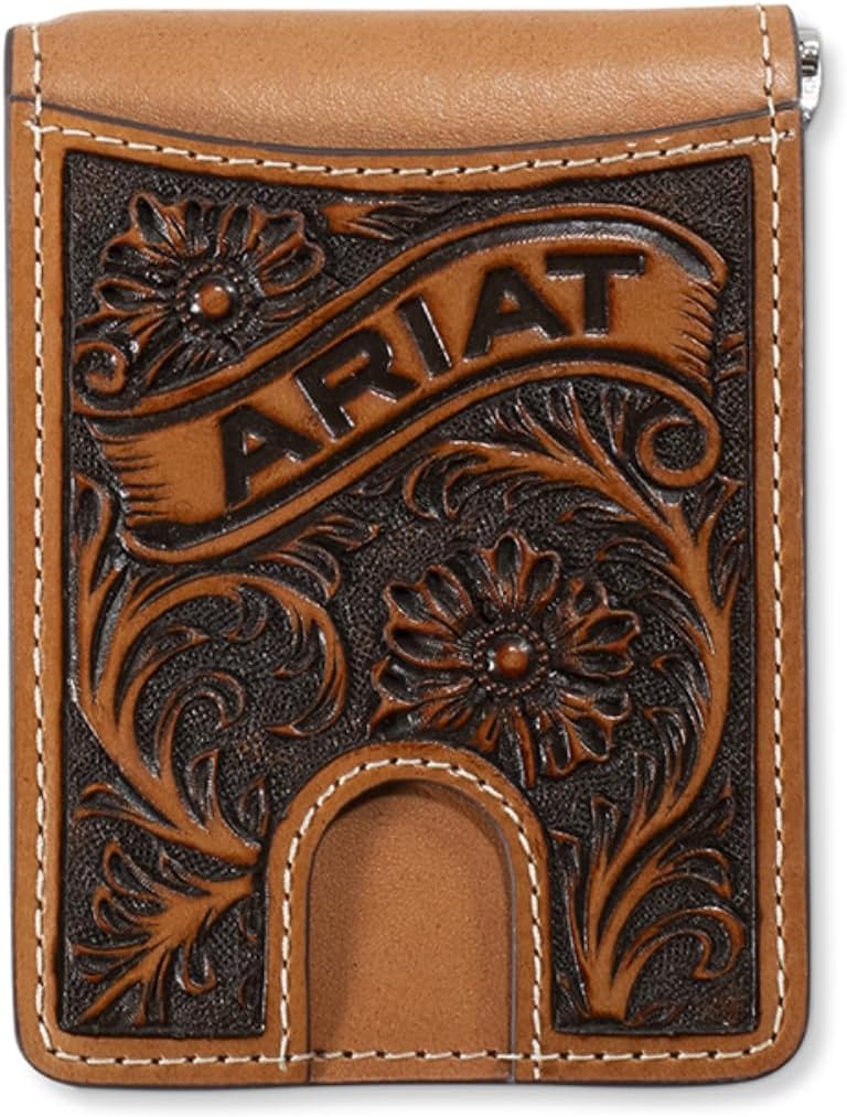 ARIAT Men's Banner Money Clip Bifold Wallet, Floral Leather, Tan