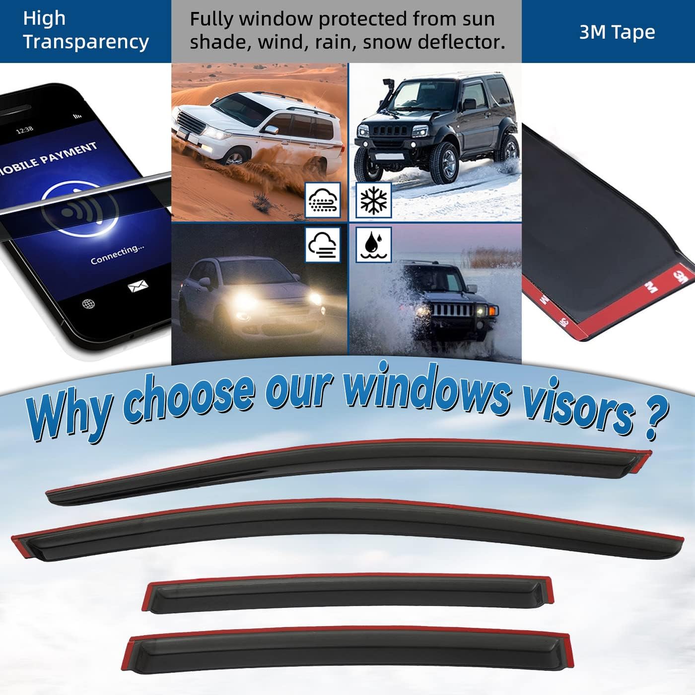 4pcs Front+Rear Smoke Tint Sun/Rain Guard Outside Mount Tape-On Vent Window Visors Compatible with 10-16 Lacrosse