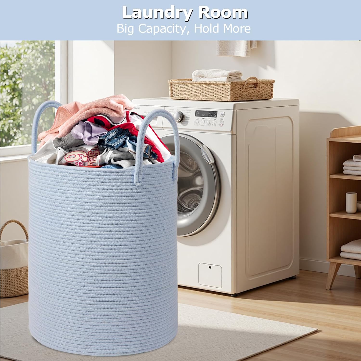 Large Woven Laundry Basket Hamper,60L Cotton Rope Storage Basket for Blankets in living room,Decorative Tall Nursery Hamper for Toys and Clothes,Baby Basket,Blue