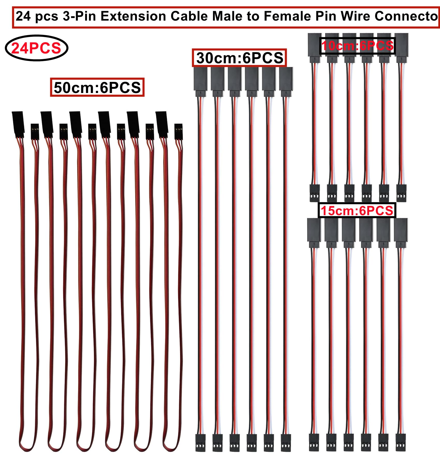 HUAZIZ 24 sztuki RC Servo Extension Cable, 4 rozmiary 10 cm/15 cm/30 cm/50 cm wtyczka do gniazda 3-biegunowy przedłużacz serwo do Futaba JR Servo Extension przyłącze
