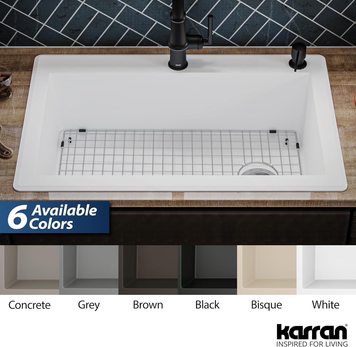 Karran Drop-In/Top Mount 33" Single Bowl Granite Quartz Composite Kitchen Sink Kit in White Right Side Drain, Sound Dampening, Extra Deep 9" Basin, Heat & Scratch Resistant, with Grid & Strainer