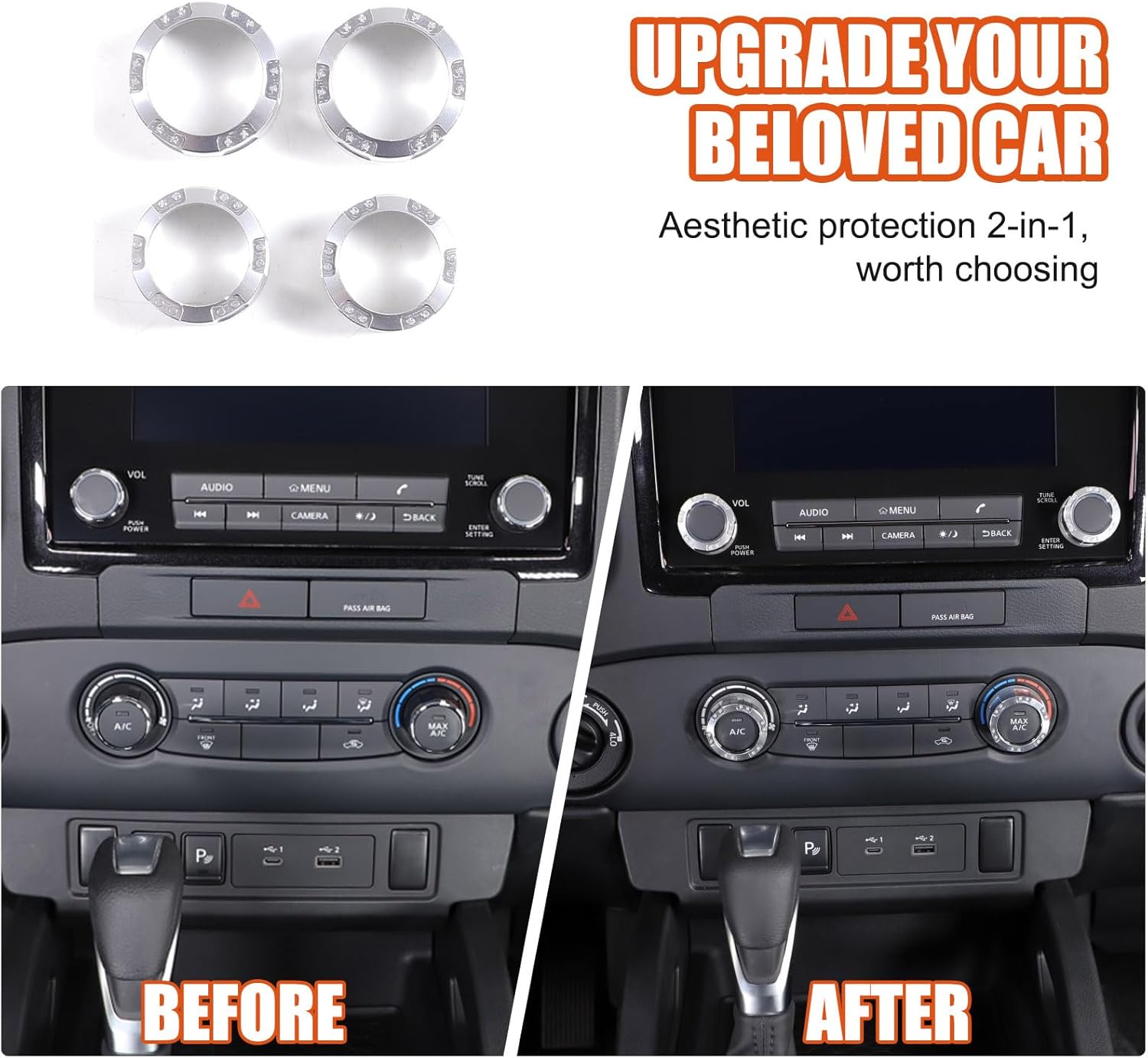 4PCS Air Conditioner Switch Knob Cover Compatible with Nisan Frontier 2022-2024,Aluminum Alloy Mecha Style Air Conditioner Stereo Volume Switch Knob Ring Covers Car Interior Accessories (Silver)