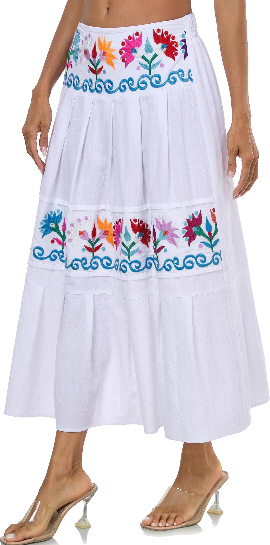 YZXDORWJ Mexikanische Röcke für Damen, Blumenstickerei, Maxirock, traditionelles Kleid, Fiesta-Outfit