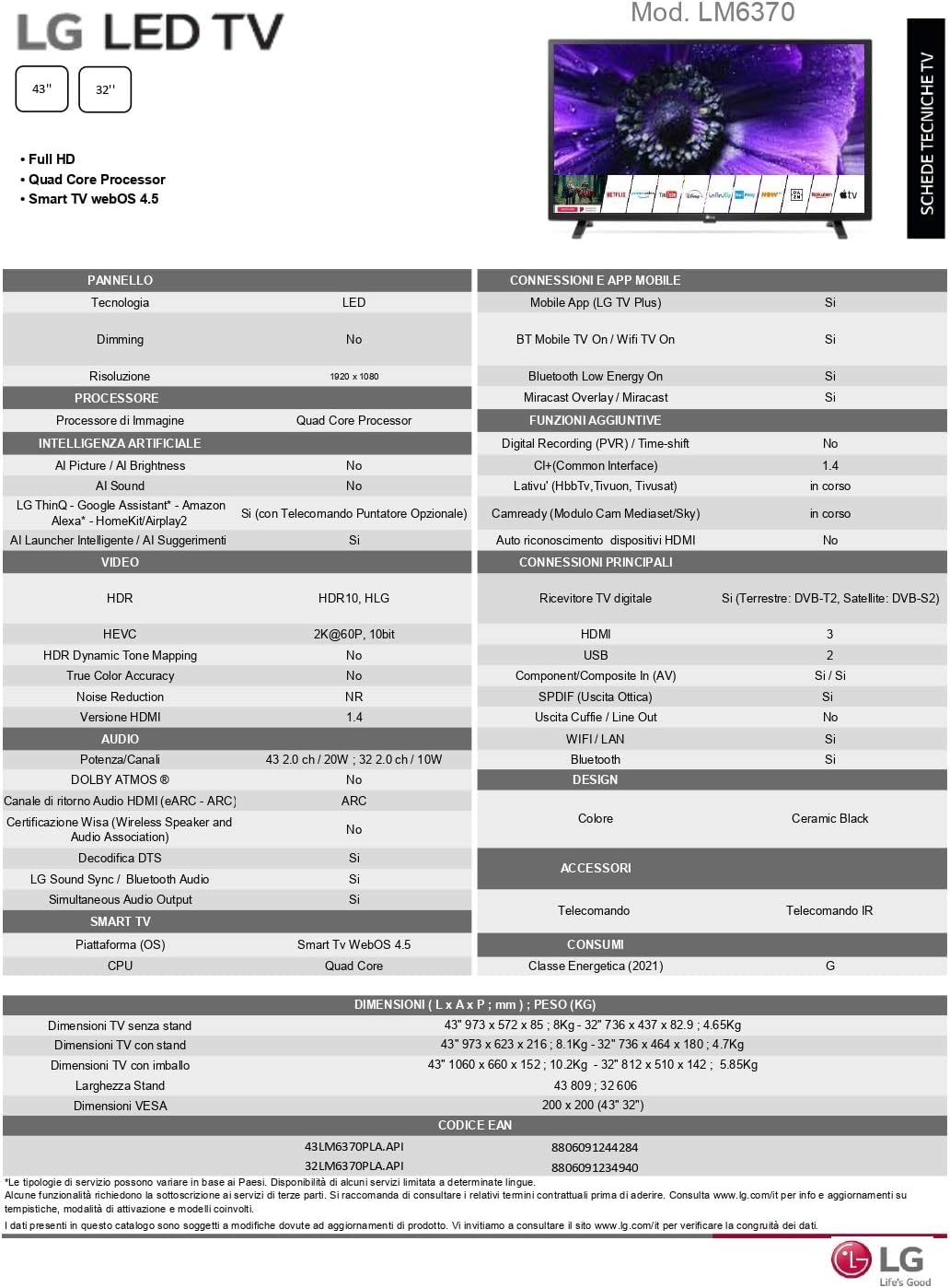 LG 32LM6370PLA Smart TV 32" Full HD, TV LED Serie LM63 con Dolby Audio, Dolby Digital, Processore Quad Core, Wi-Fi, Audio Surround
